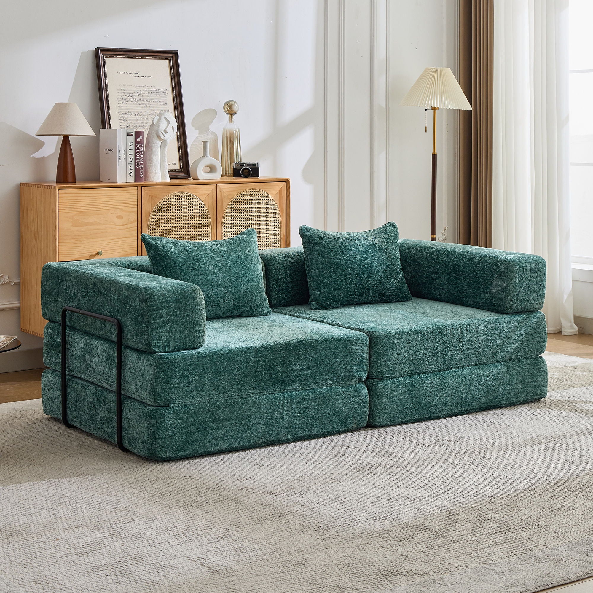 Convertible Floor Sofa Bed With Fixed Shape Frame, Loveseats Boneless Modular Sectional, For Living Room - Dark Green