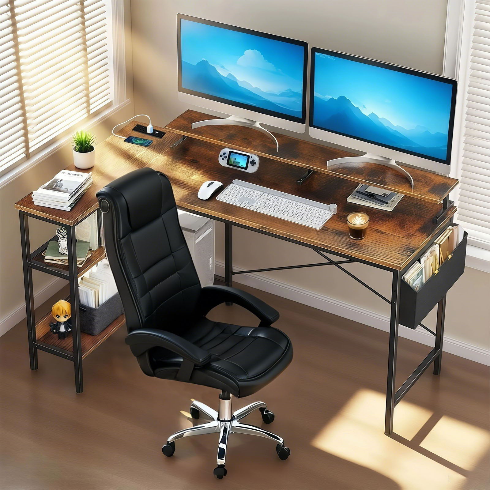 L-Shaped Gaming Desk With Power Outlets, Monitor Stand & Storage Shelves, Reversible Corner Workstation - Black / Brown