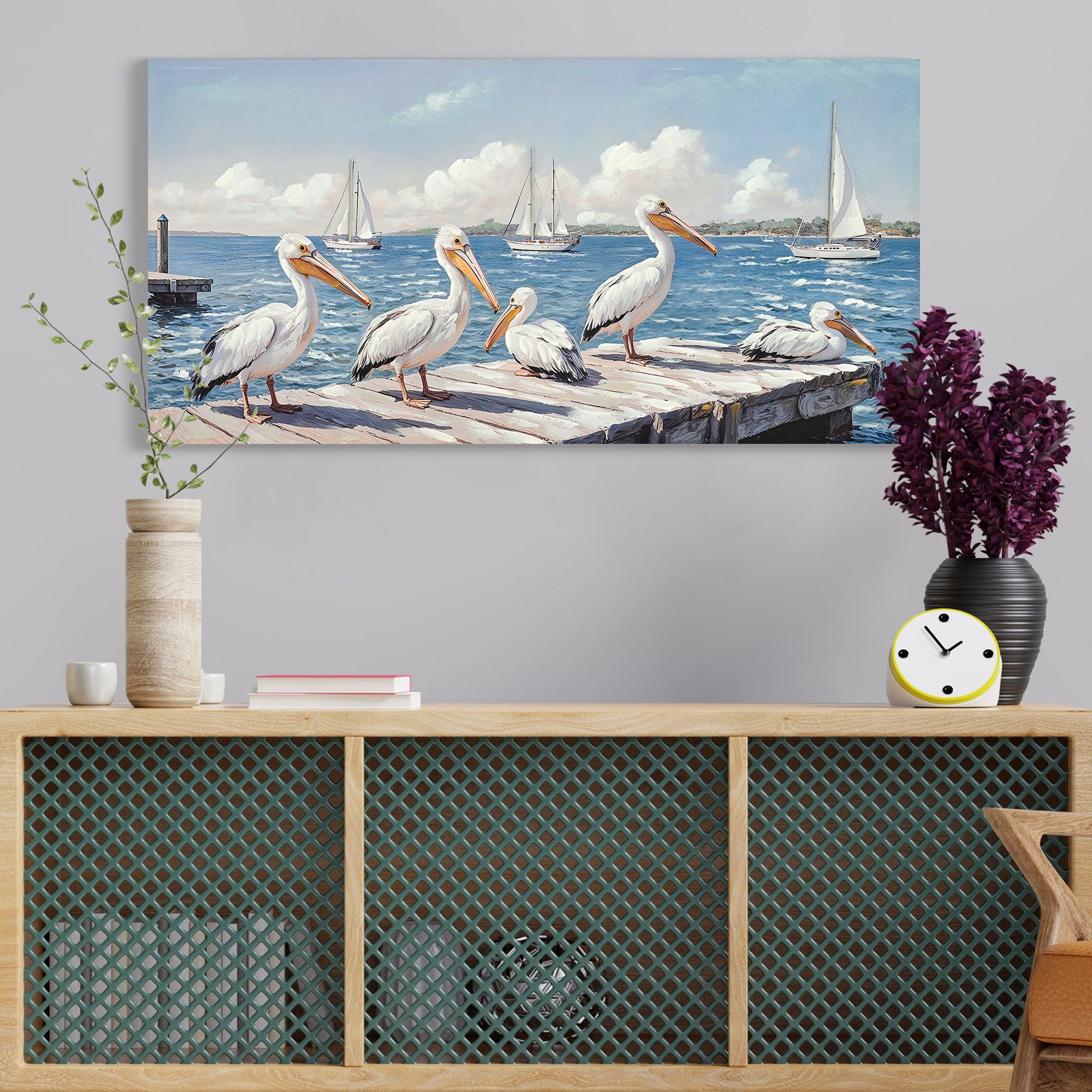 Beach Wall Art Large Ocean Seagull Canvas Pictures For Living Room - Ivory / Navy