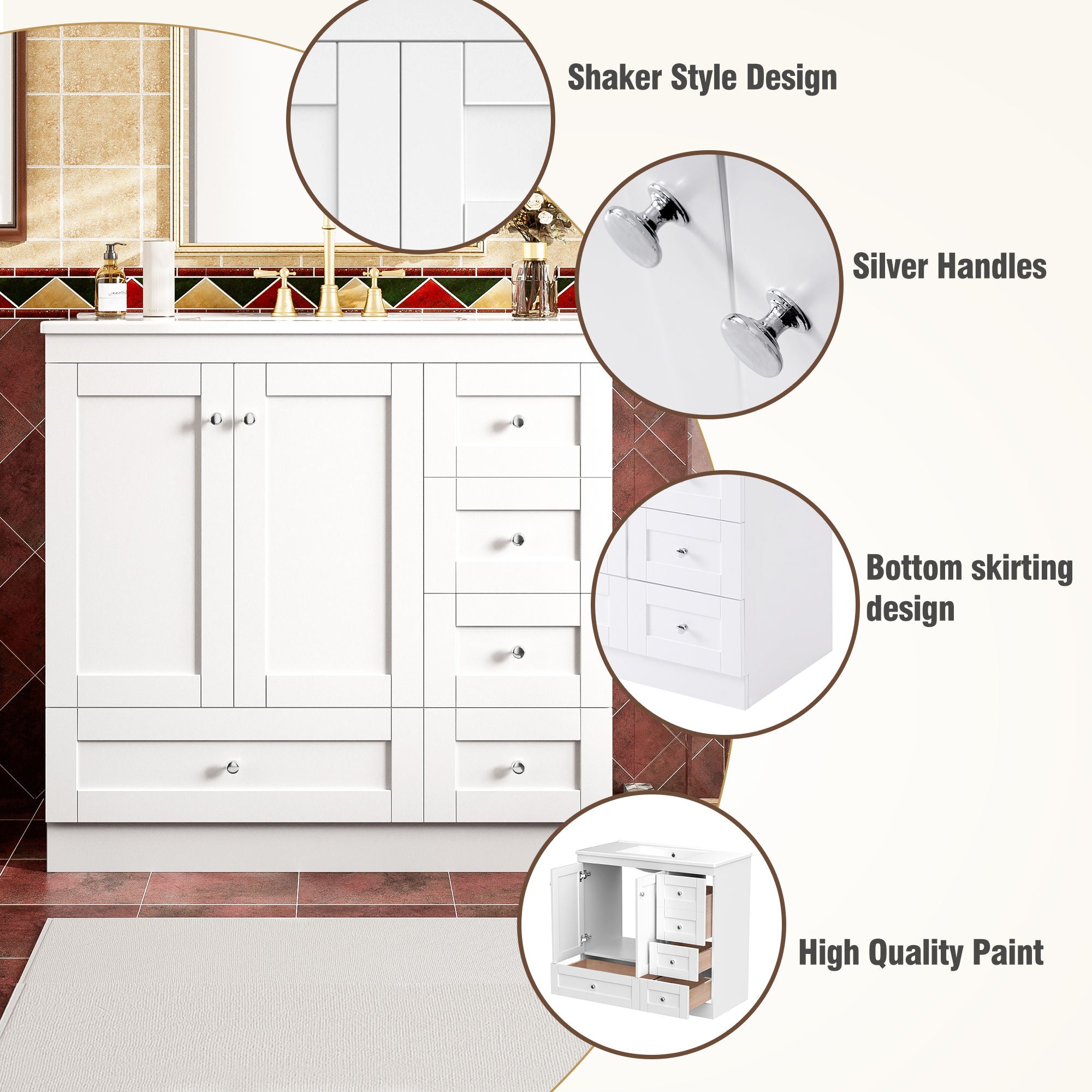 Shaker Free Standing Bathroom Vanity Cabinet With Sink, Soft Close Drawers And Doors - White