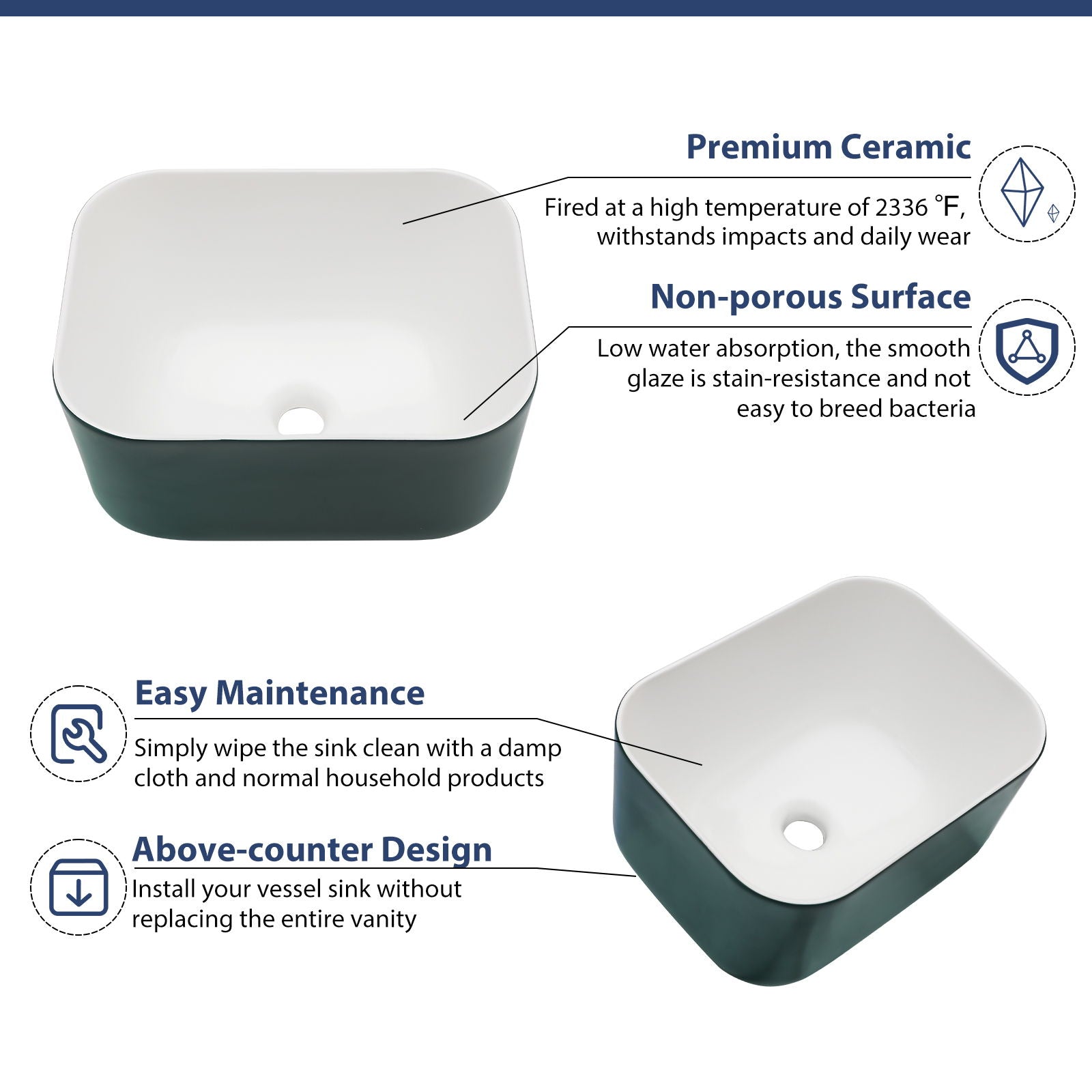 Square Vessel Bathroom Sink - Green