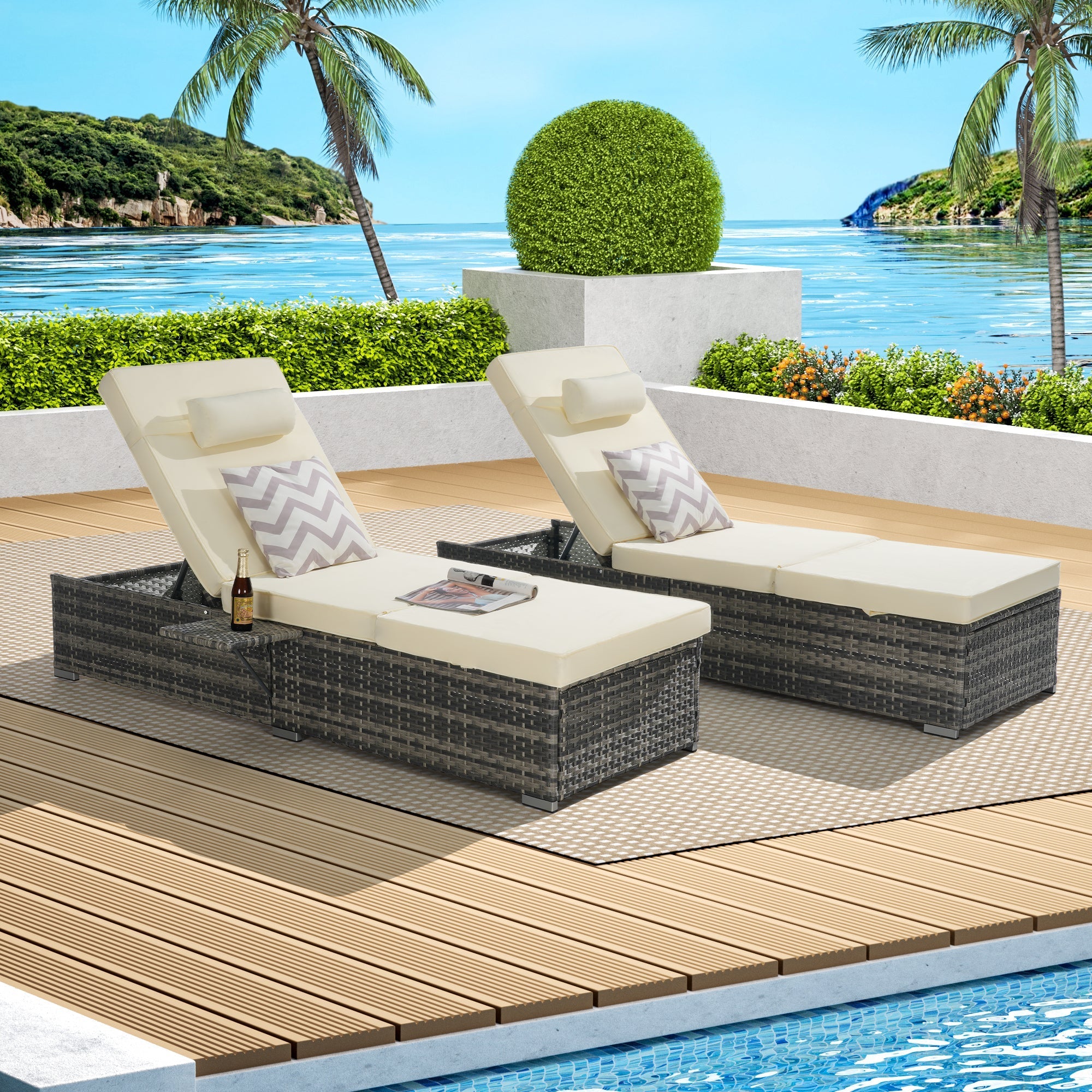 Outdoor Chaise Lounge Chair Set of 2 with Storage Patio Pool Chairs Tanning Lounges for Outside,Beach Rattan Recliners with Adjustable Backrest, Table, Cushion for Poolside Backyard Garden