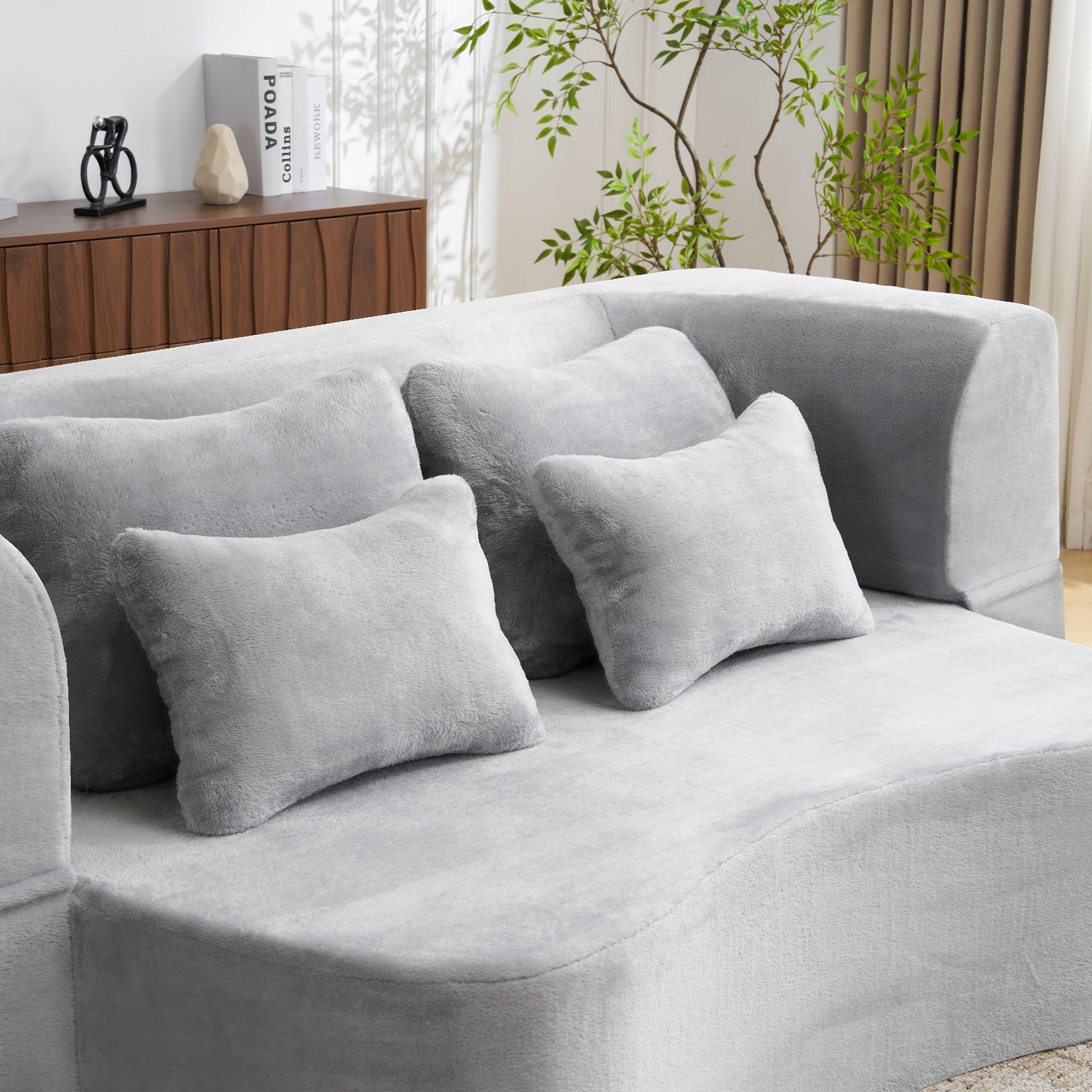 Queen Size Modern Light Grey Floor Sofa with 4 Pillows