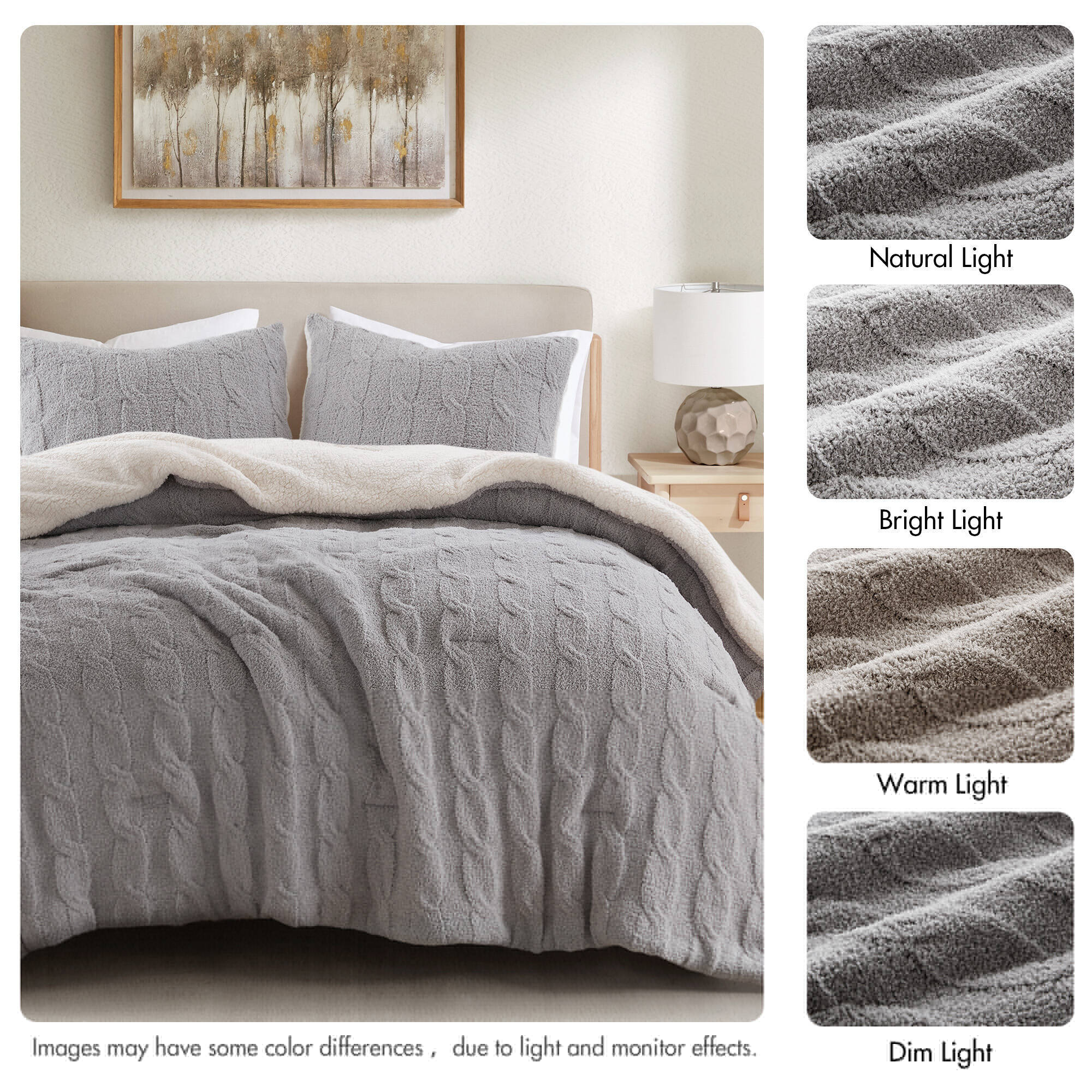 3 Pieces Full/Queen Cable Knit Chenille Comforter Set Gray