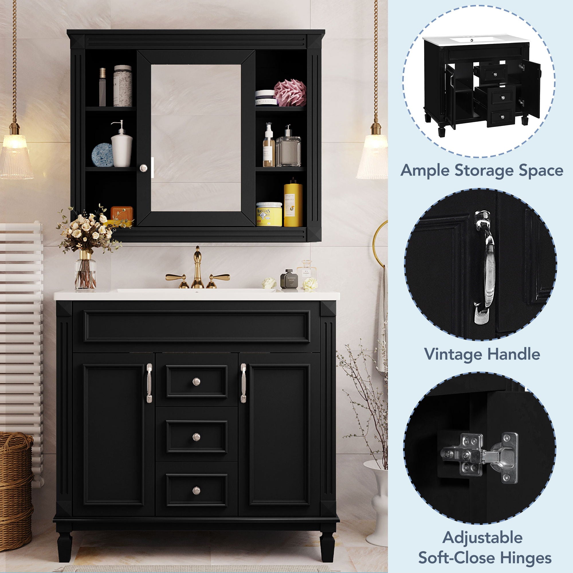 Bathroom Vanity With Top Sink, Mirror Cabinet, 2 Soft Closing Doors & 2 Drawers