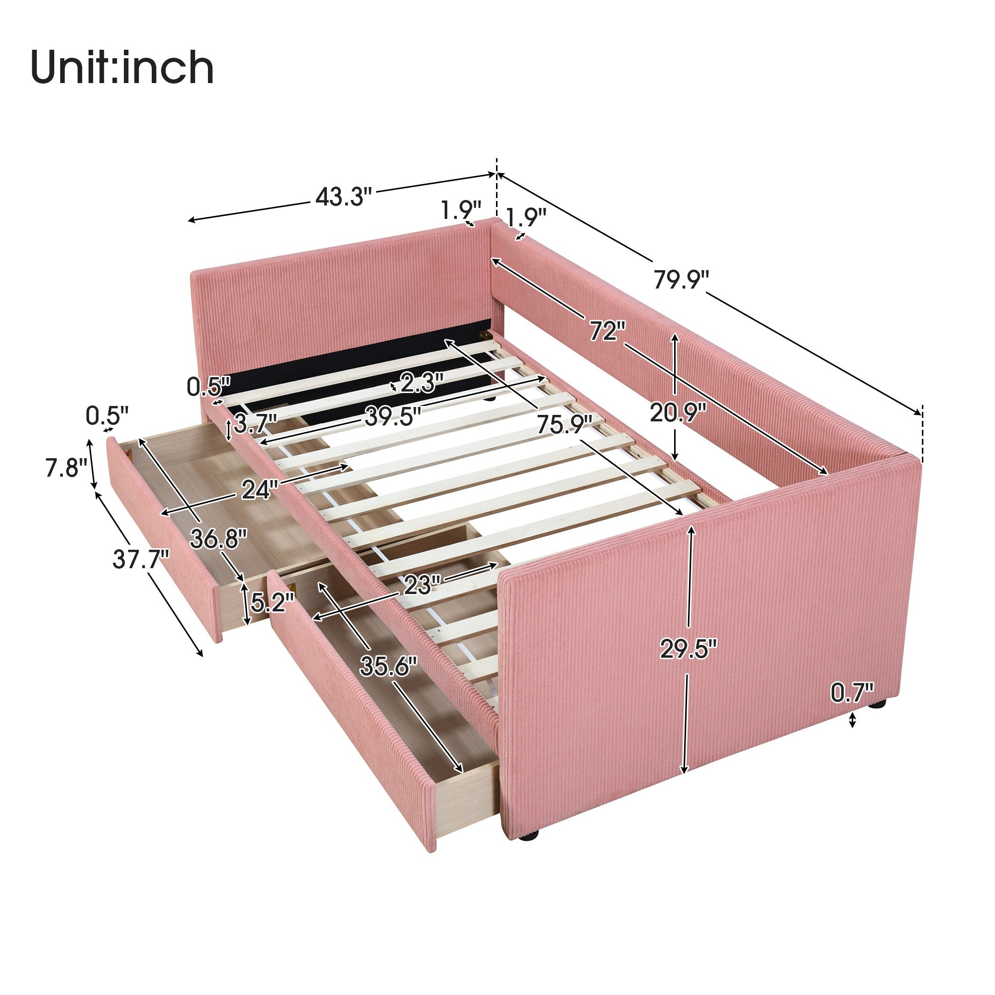 Corduroy Daybed With Two Drawers And Wood Slat