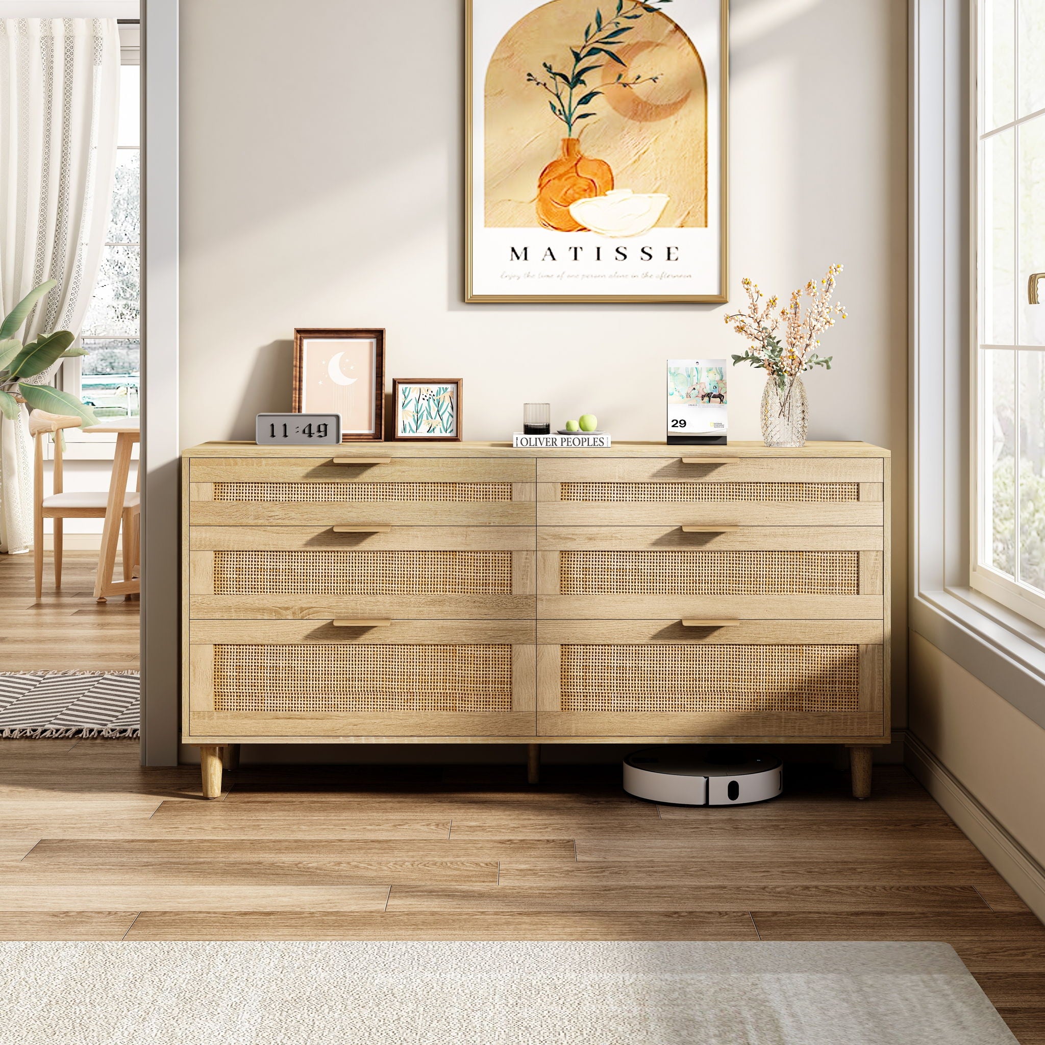 Rattan Dresser With 6 Drawers, Legs & Handles, Storage Cabinet - Natural