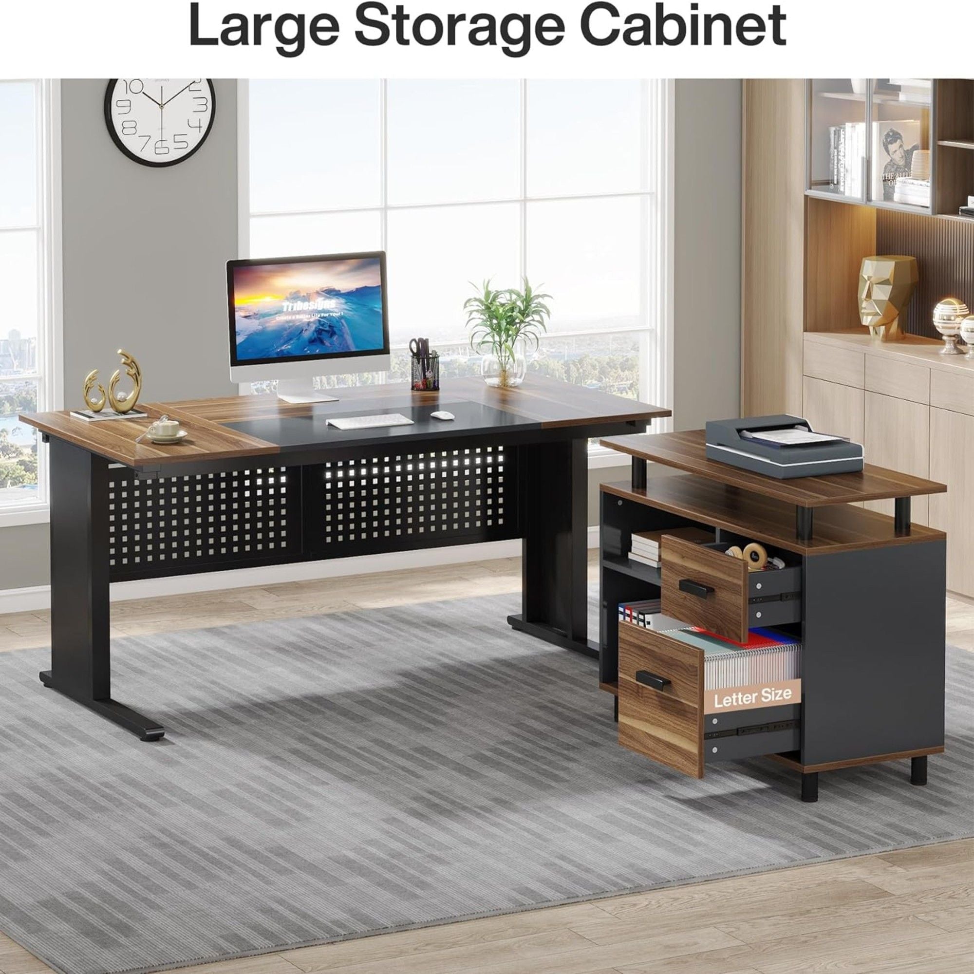 L-Shaped Executive Desk With File Cabinet , Office Workstation With Drawers, Shelves & Storage