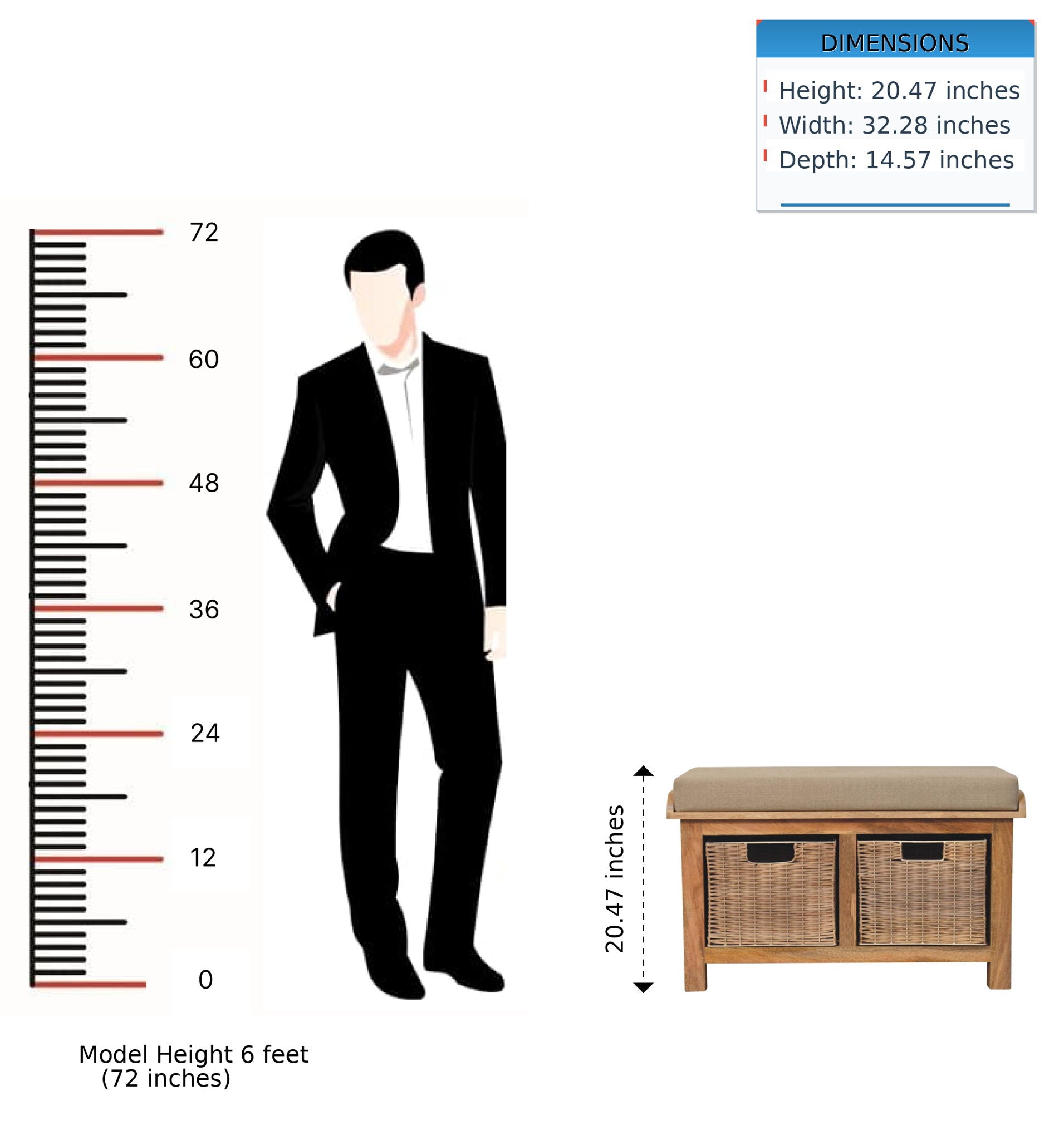 Rattan Basket Linen Bench - Brown