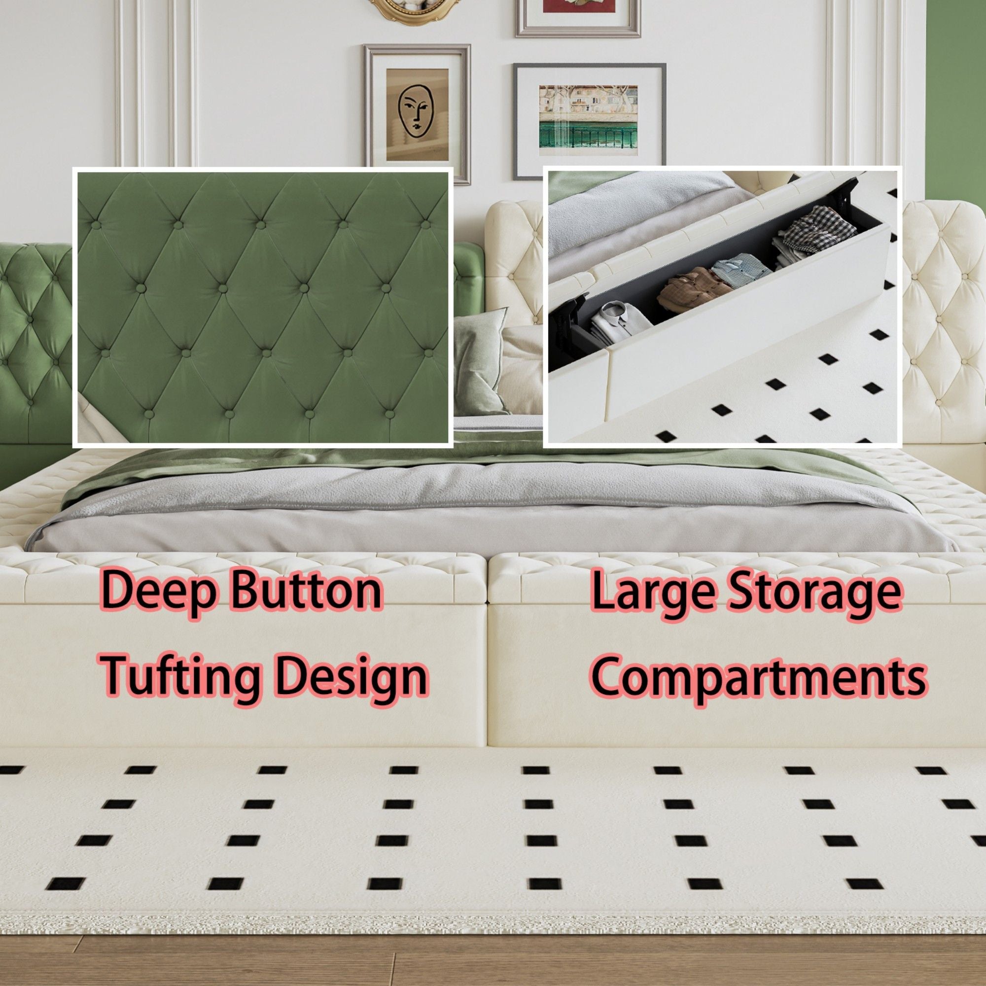 Modern Upholstered Platform Bed With Storage Space, Sturdy And Stable Solid Wood Frame
