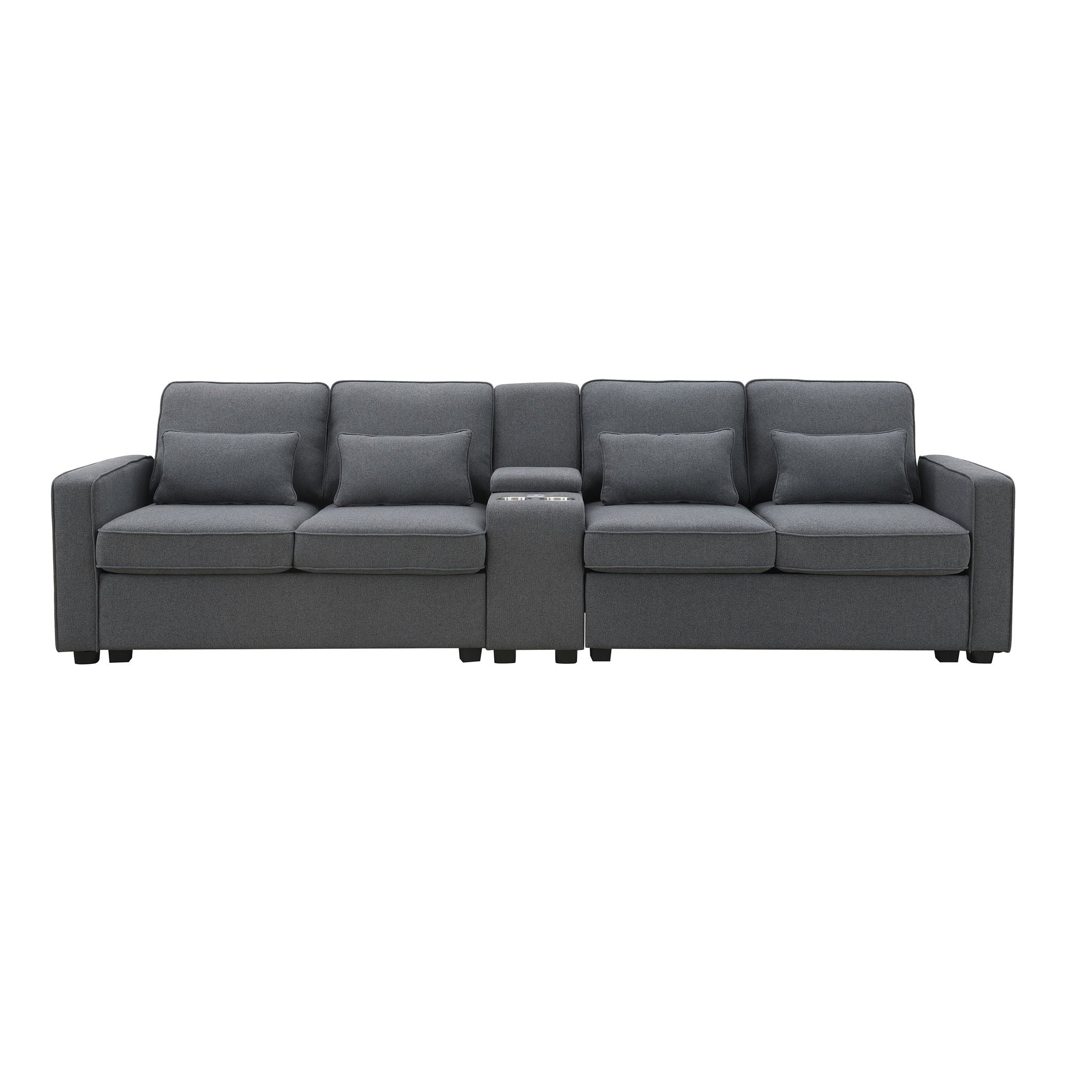 Upholstered Sofa With Console, 2 Cupholders And 2 USB Ports Wired Or Wirelessly Charged, Modern Linen Fabric Couches With 4 Pillows For Living Room, Apartment (4-Seat)
