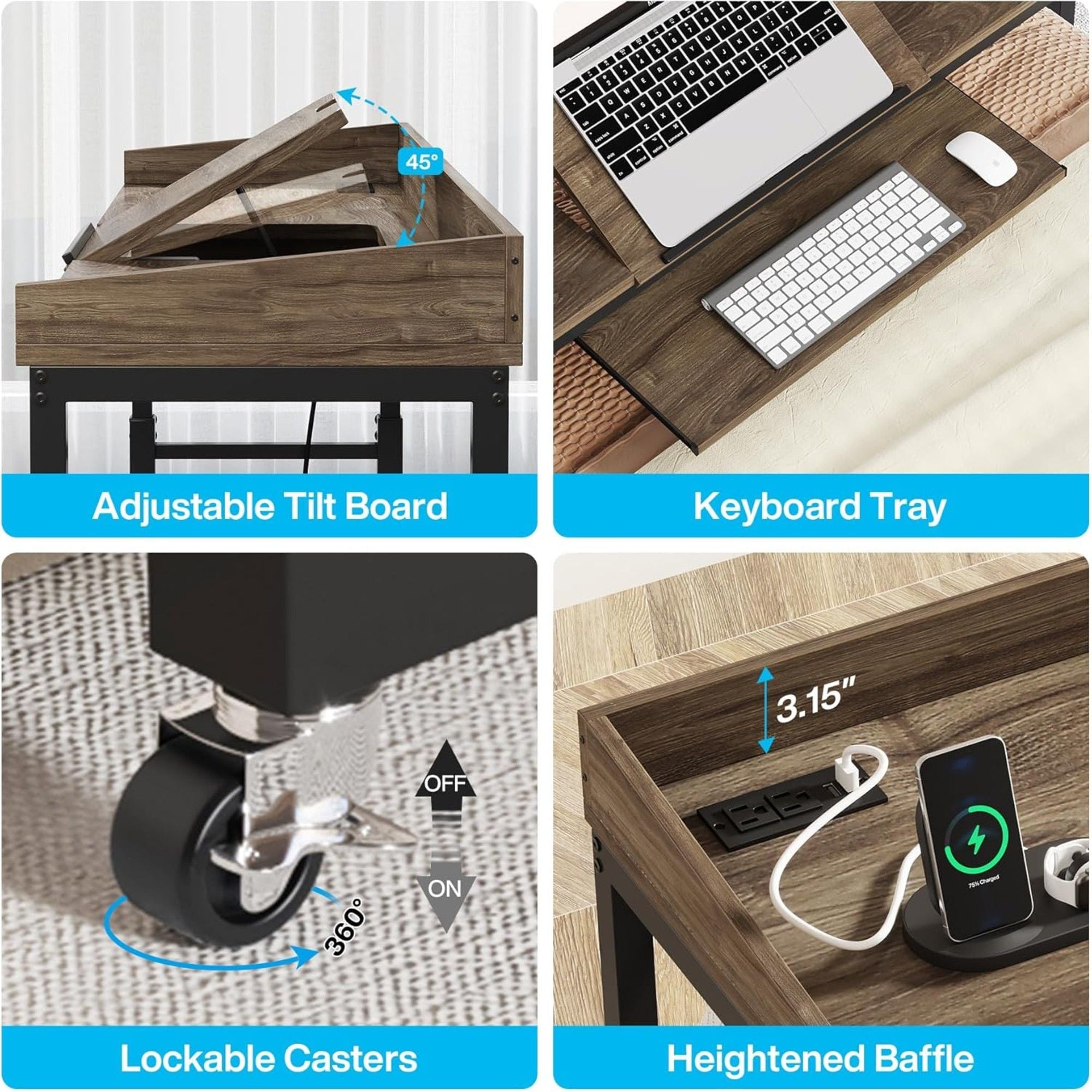 Adjustable Overbed Table With Wheels, Queen Size Mobile Desk - Dark Gray