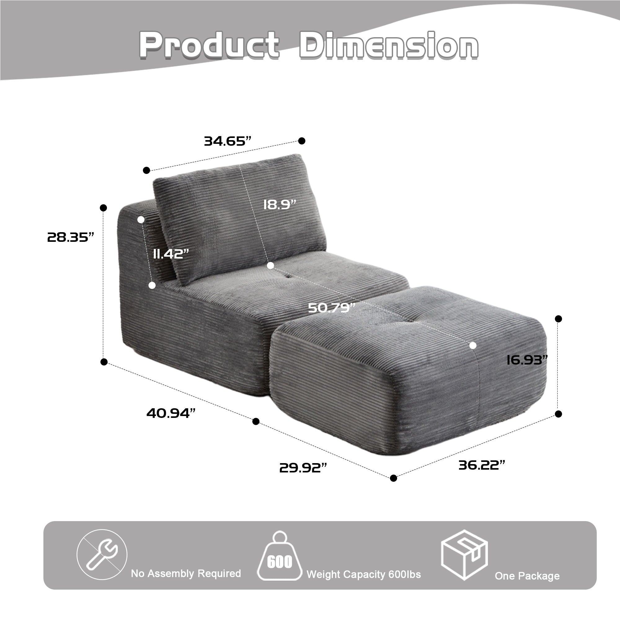 Compressed Sofa, Single Chaise Longue, Movable Ottoman For Living Room - Gray