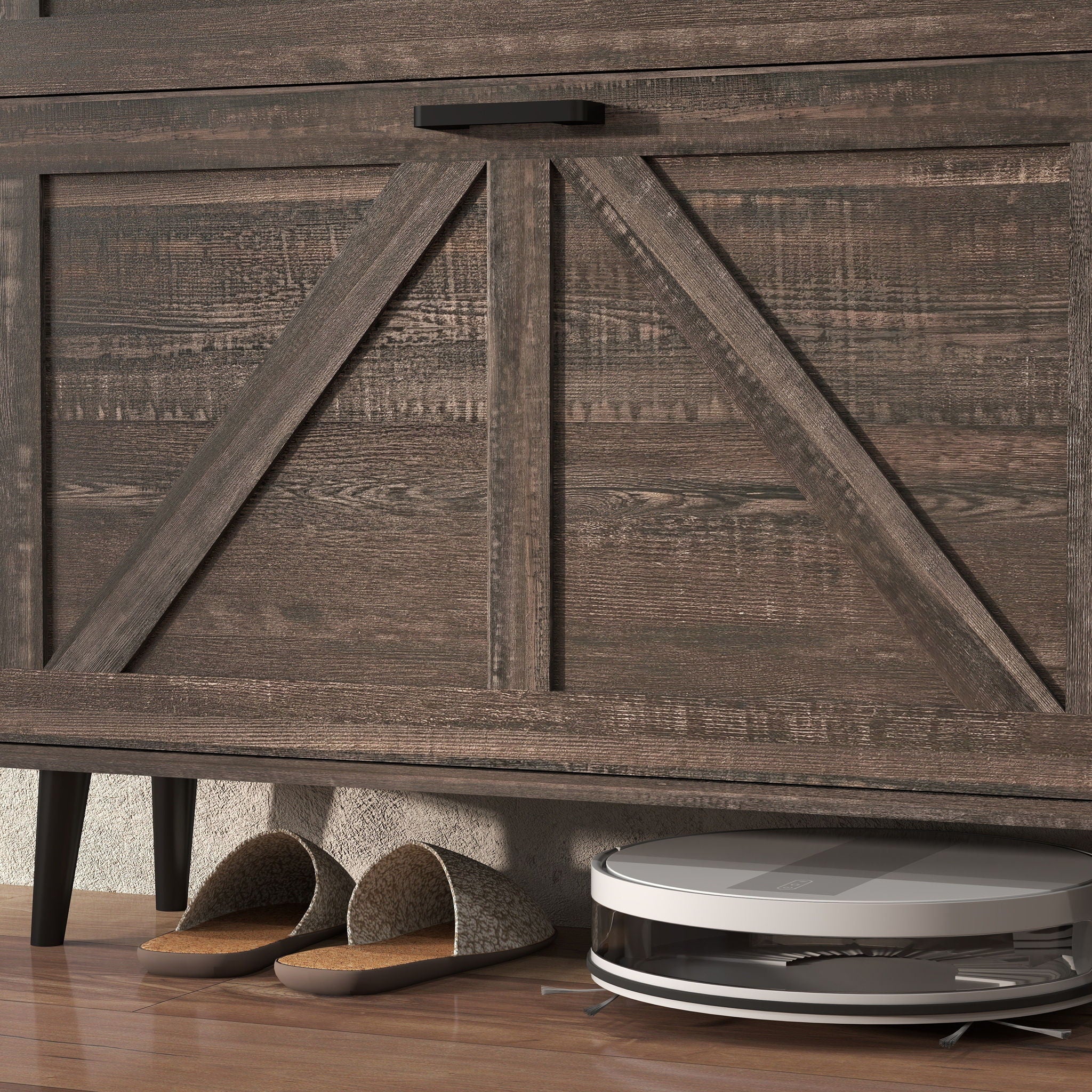 Farmhouse Shoe Storage Cabinet With Barn Door Design, 2 Flip Drawers, Hooks - Dark Oak