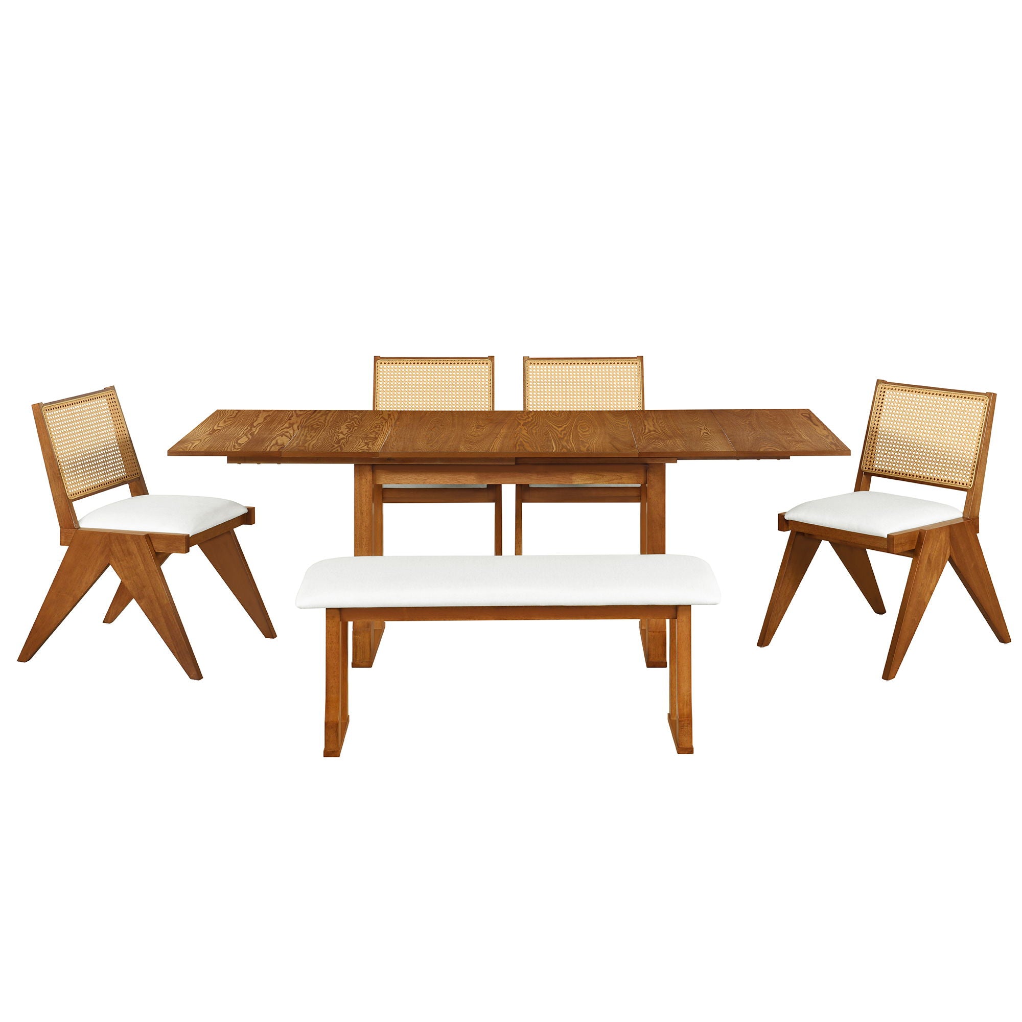 6 Piece Extendable Dining Table Set With 4 Wicker Back Upholstered Dining Chairs And Long Bench, 2 Removable Leaf
