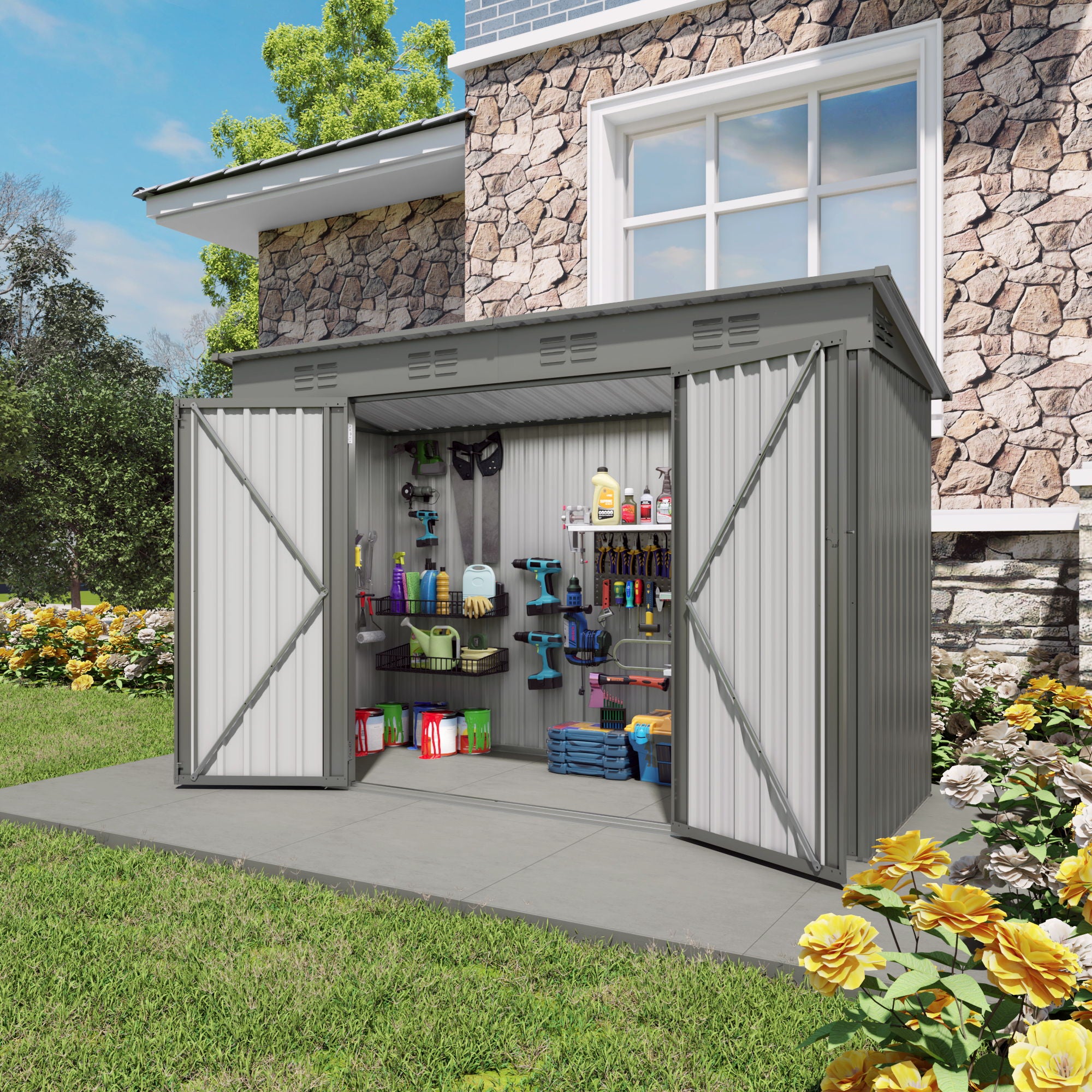 Outdoor Storage Shed 4 X 9 Ft With Sloping Roof And Vents For Garden And Patio - Gray