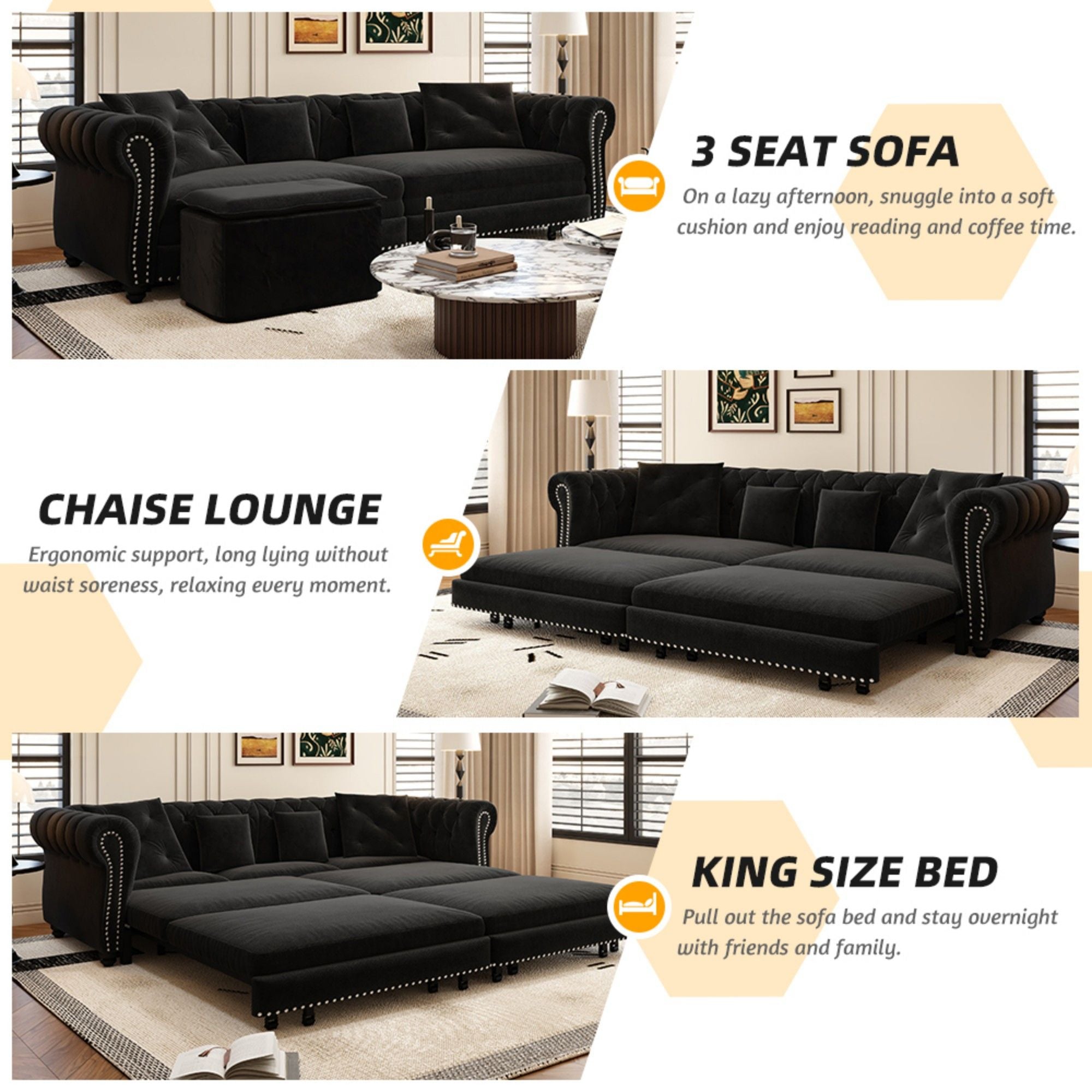 3 In 1 Pull Out Sofa Bed, Convertible Sleeper Sofa Bed, 3 Seater Sofa With Movable Ottoman - Black