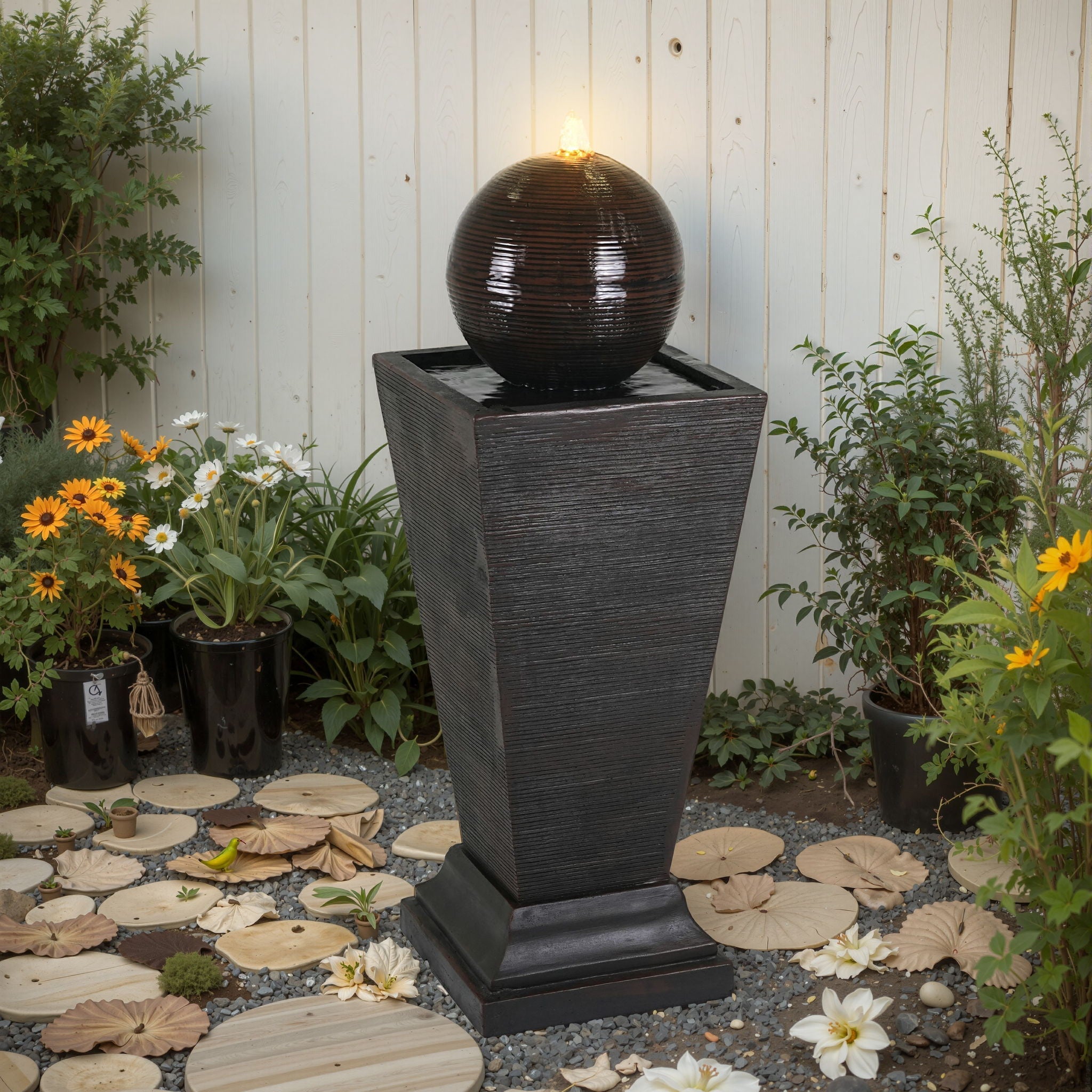 35.5" Tall Column Fountain With LED Lights, Retro Outdoor Decor, Weather Resistant Feature - Dark Brown