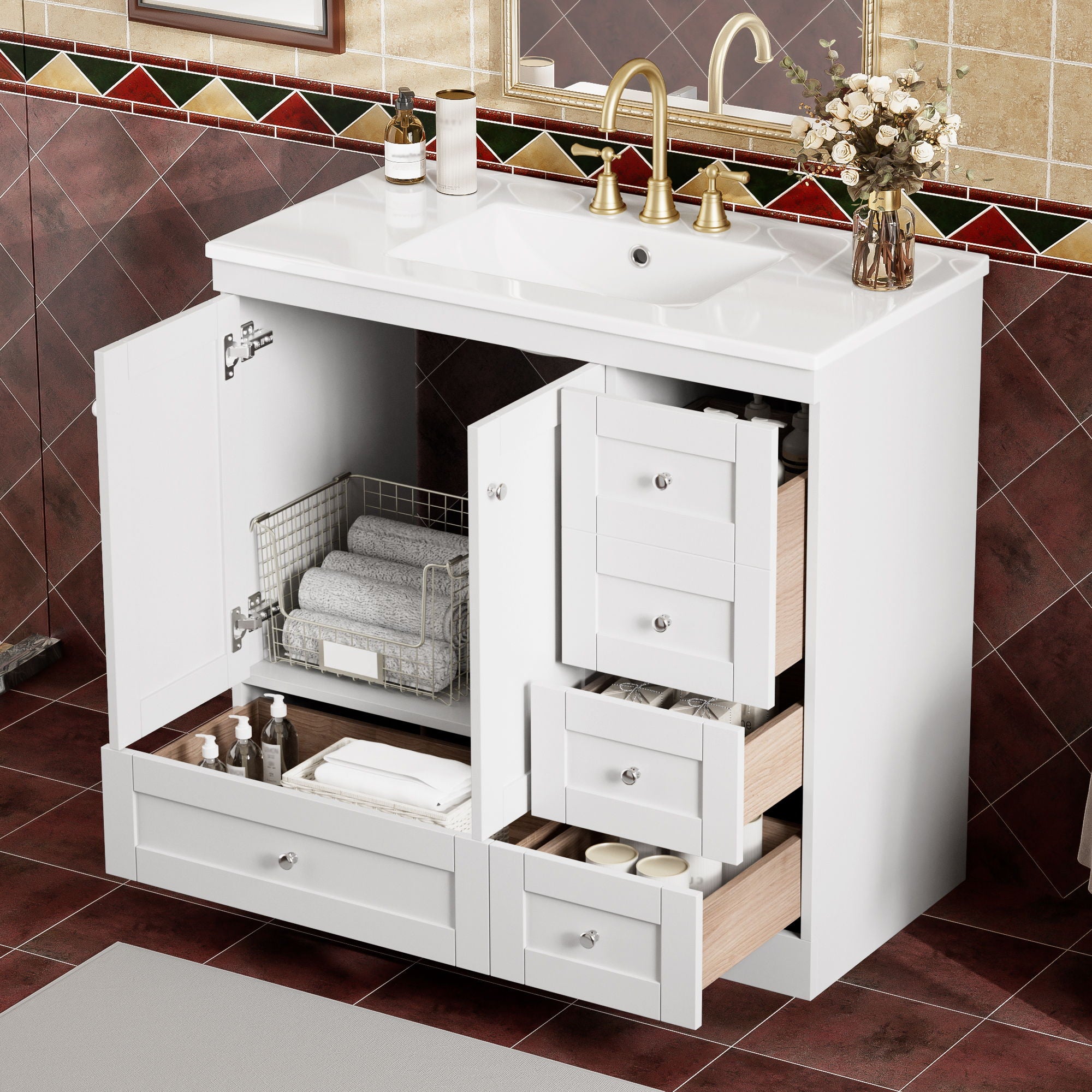 Shaker Free Standing Bathroom Vanity Cabinet With Sink, Soft Close Drawers And Doors - White