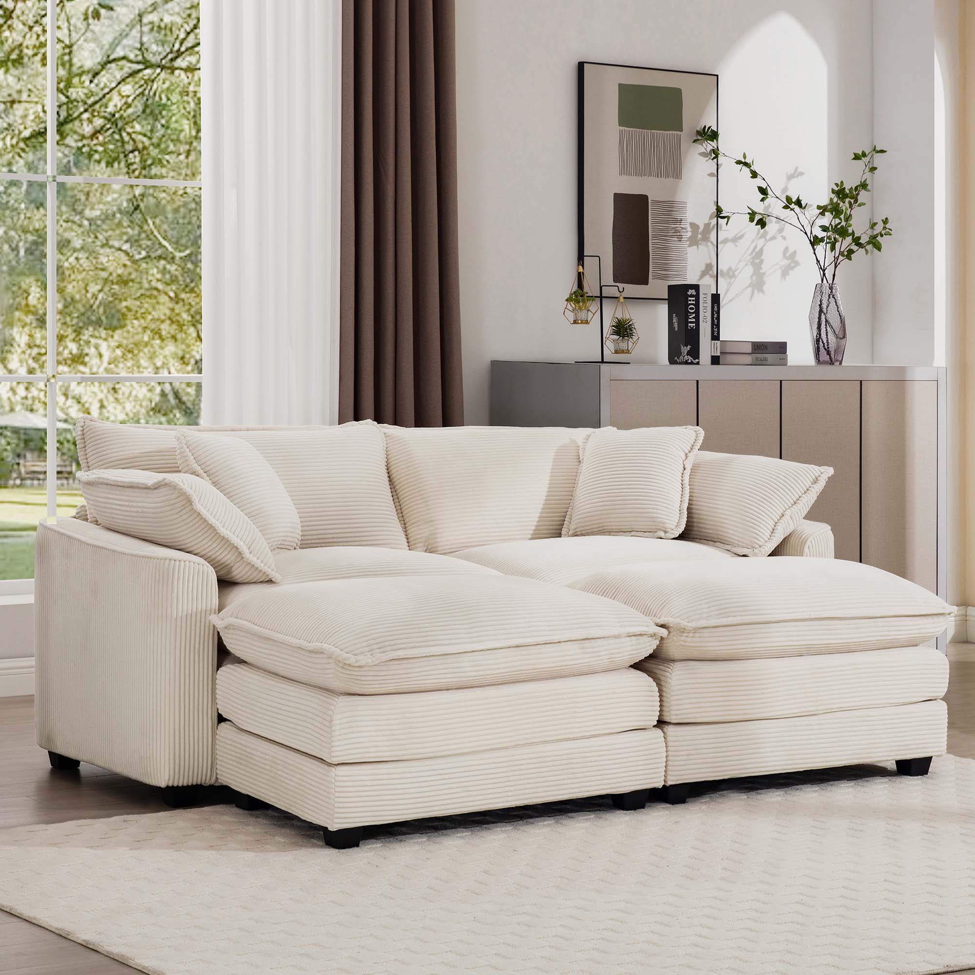 Modern Oversized Modular Cushion Sofa With Ottoman, Low Back, Deep Seating Sofa Set