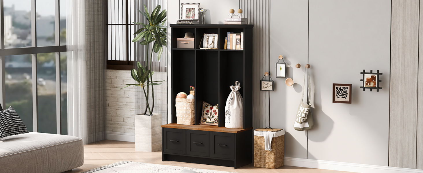 Modern Hall Tree With 3 Shelves And Drawers, Storage Bench