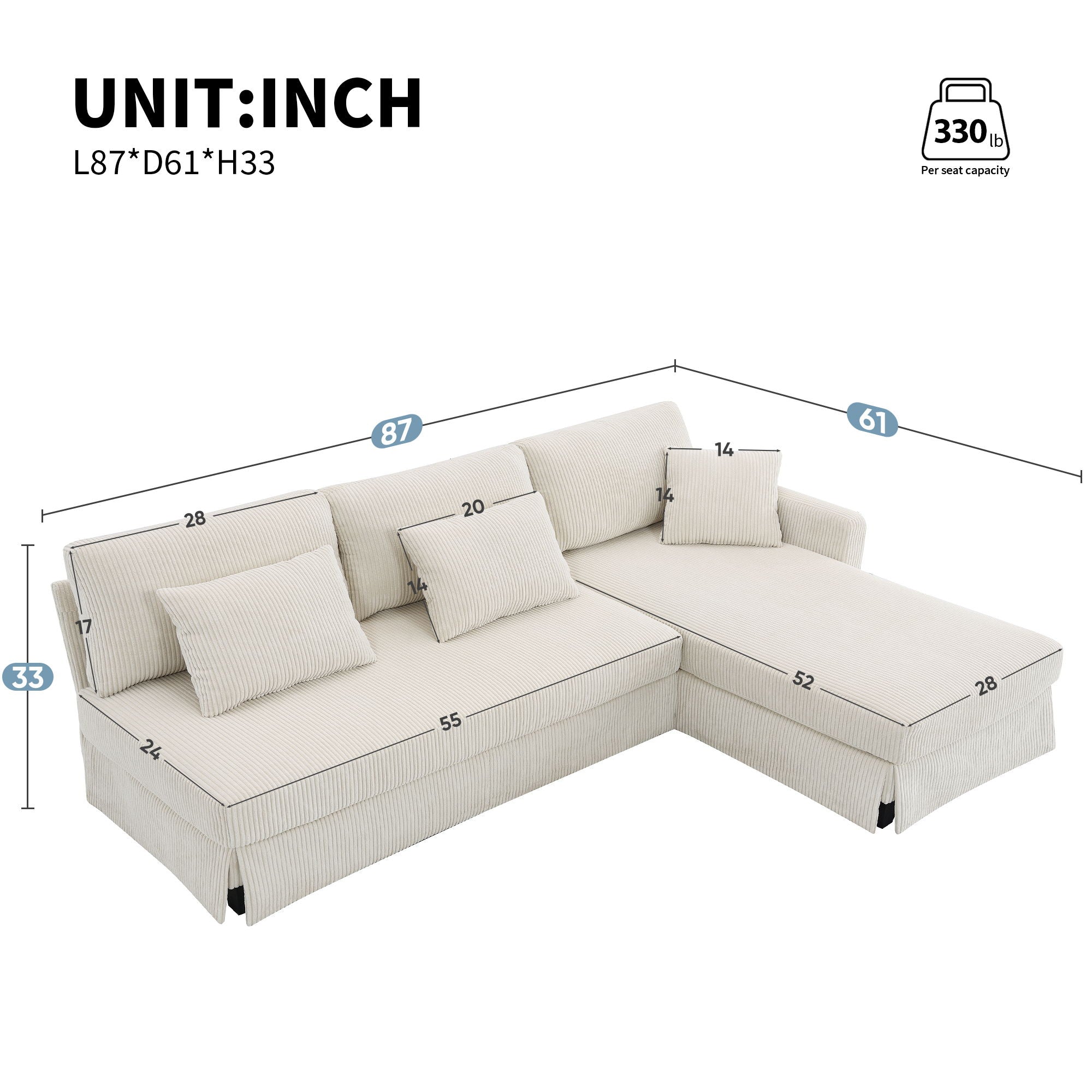 Modern L-Shaped Corduroy Sofa With Reversible Chaise, 4-Seat Upholstered Sectional Indoor Furniture, Convertible Sleeper Couch With Pillows For Living Room, Apartment