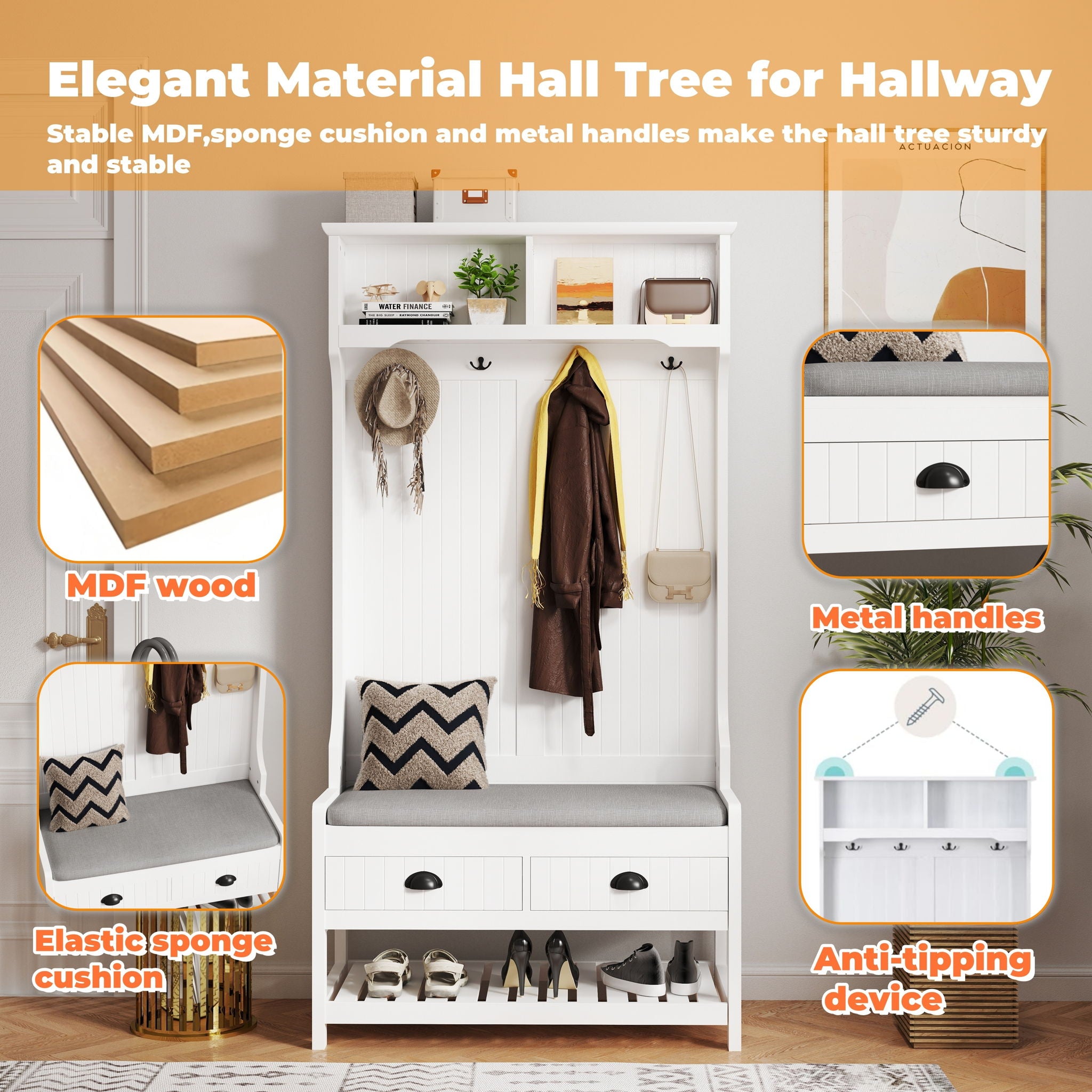 Modern 3 In 1 Hallway Hall Tree With Storage Drawers, Coat Rack, Shoe Rack Bench And Cushion