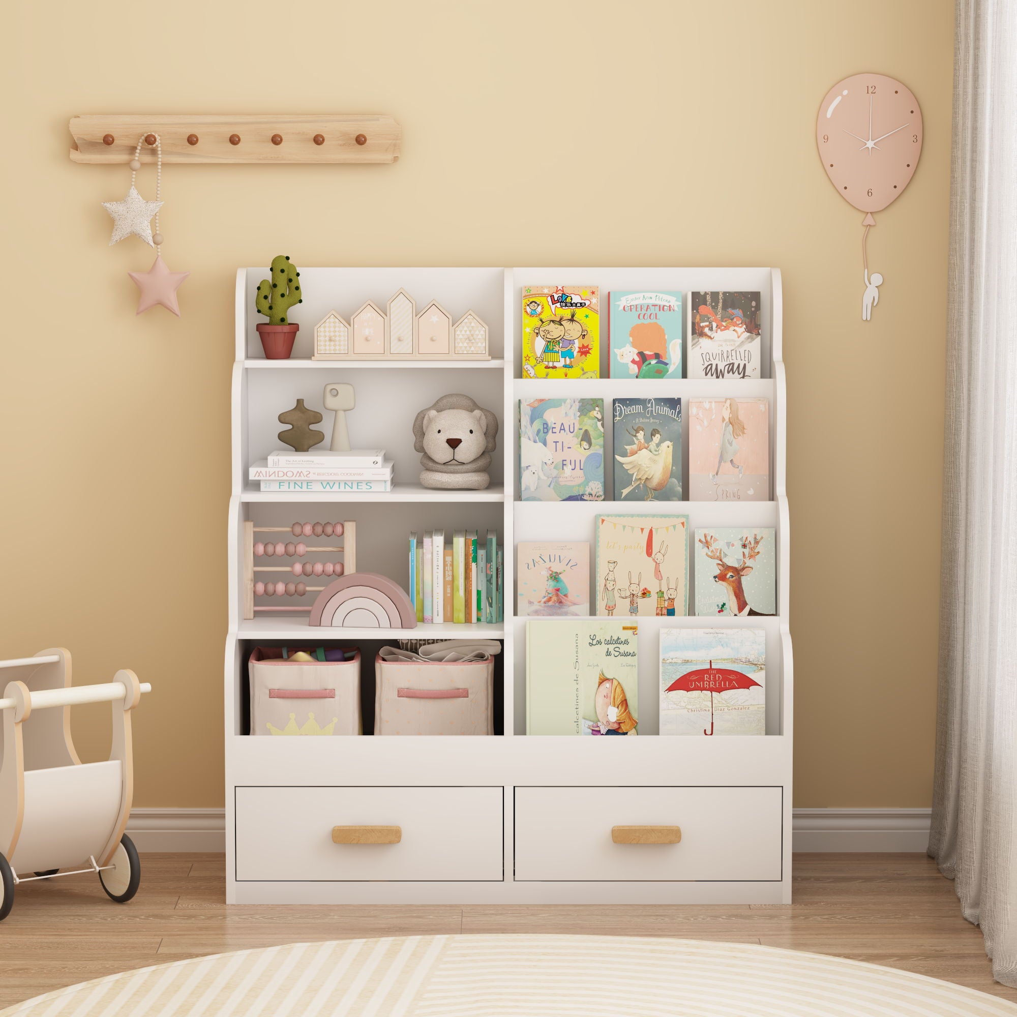 Bookshelf With 2 Storage Drawers, Front Facing Bookcase And Toy Organizer, Multi Tier Reading Shelf - White