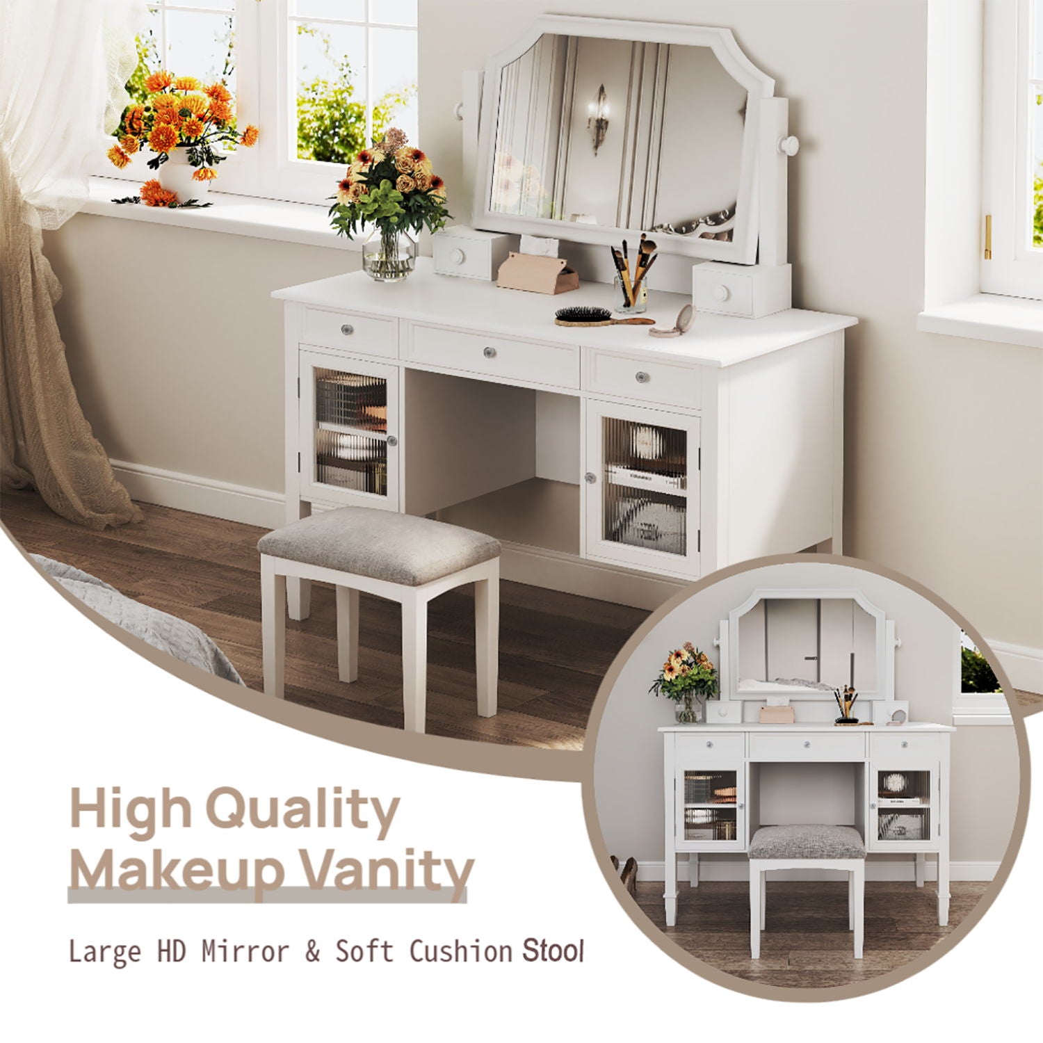 Elegant Makeup Vanity Desk With Adjustable Mirror And Storage And Construction - White - Best Buy Furniture