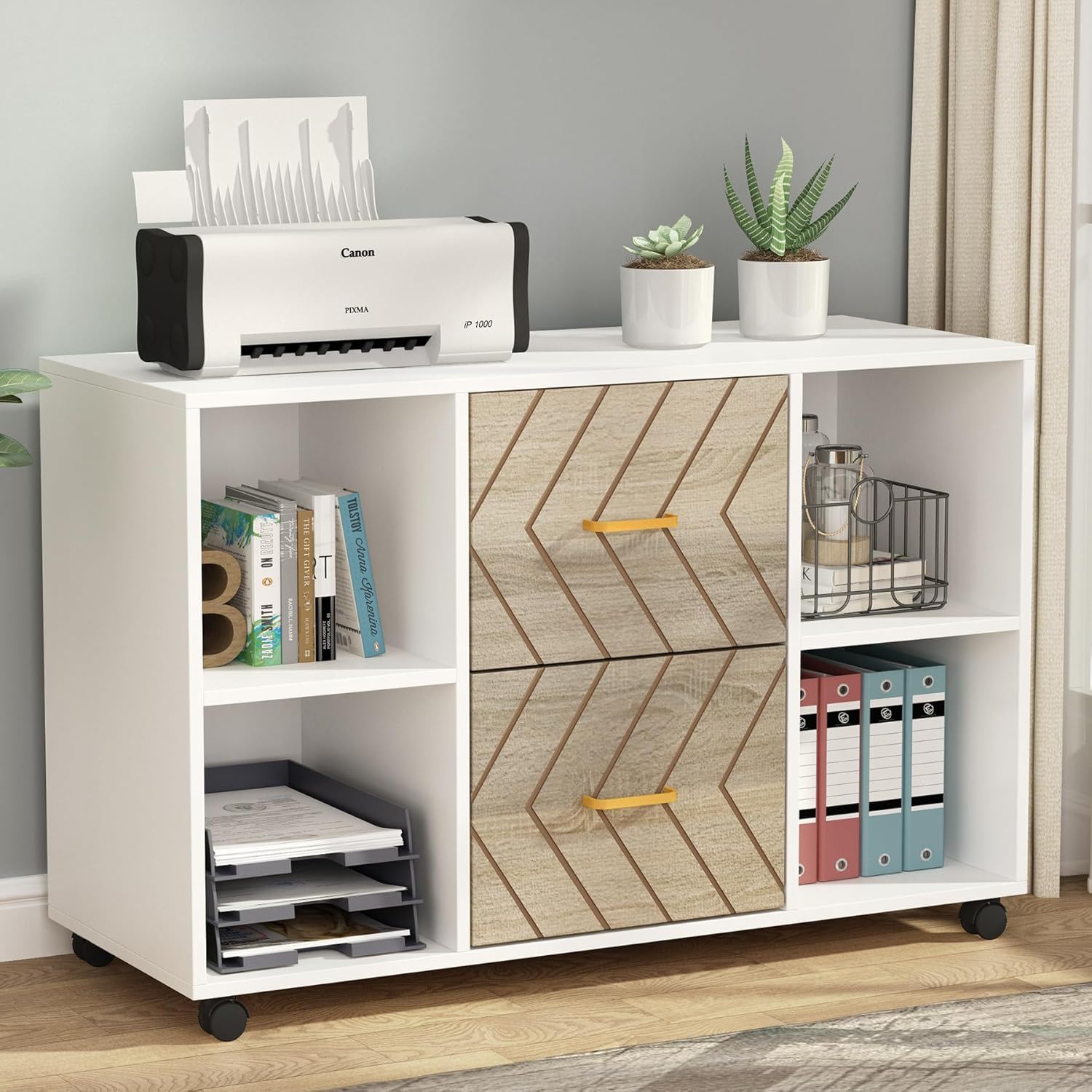 Large Mobile Lateral File Cabinet With 2 Drawers, Printer Stand & Storage Shelves, For Letter Size Files - White / Oak