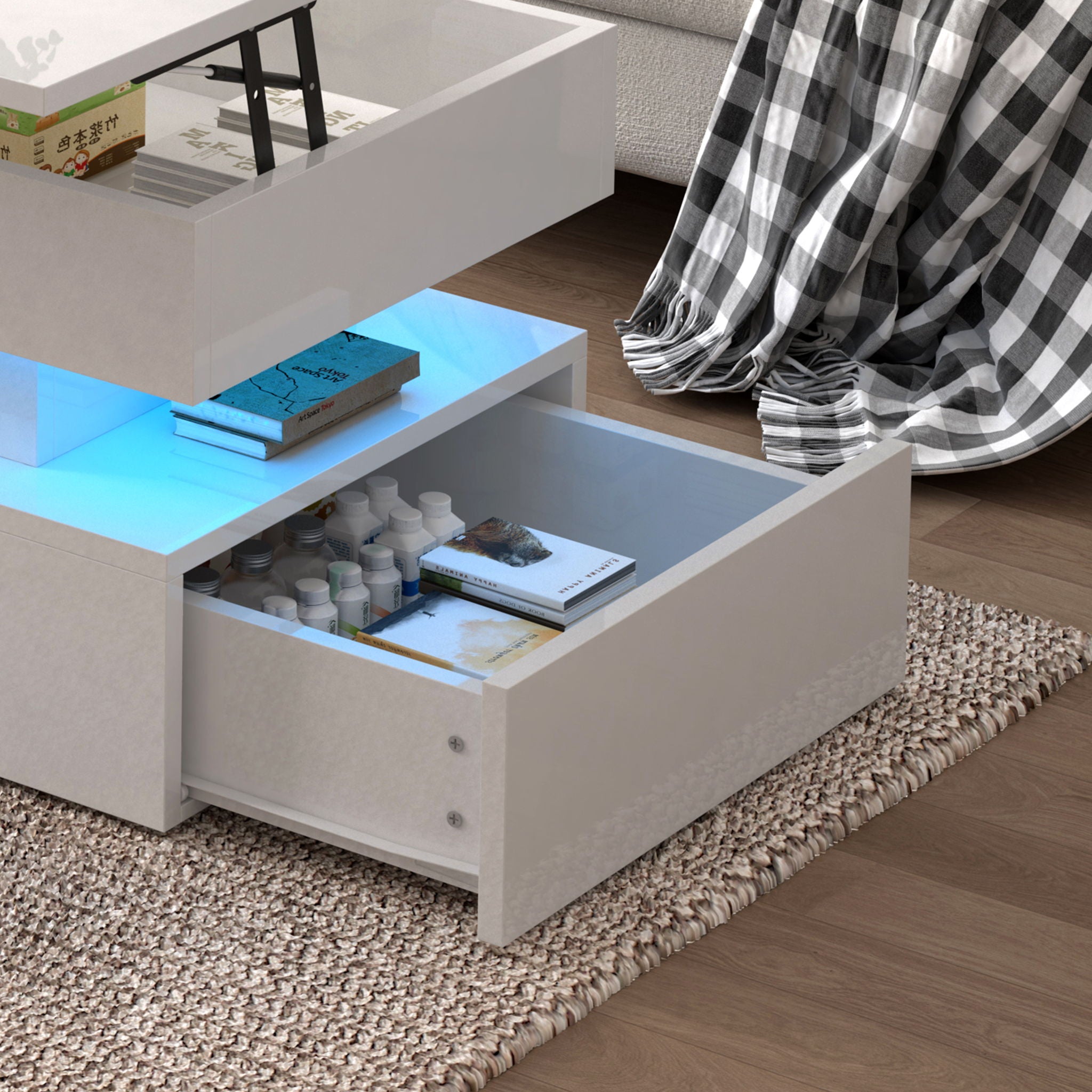 Contemporary Foldable Coffee Table With Drawers And LED, 3 Tier Design