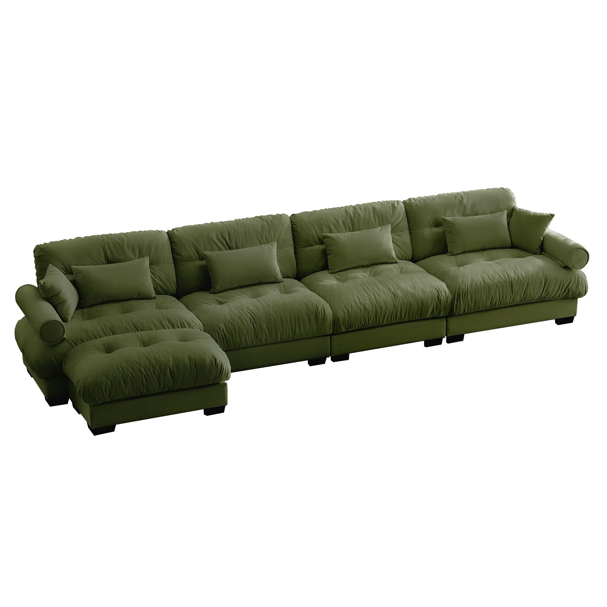 Modern Sectional Sofa With Ottoman, Round Bolster Armrests, Waist And Throw Pillows