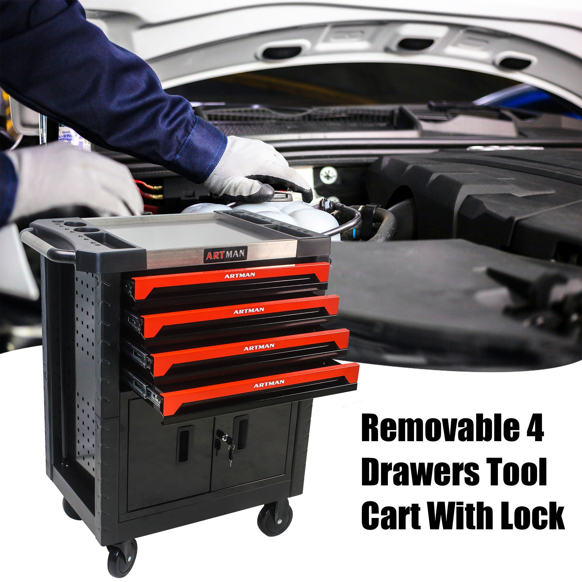 Removable 4 Drawer Metal Tool Cart With Lock - Black / Red