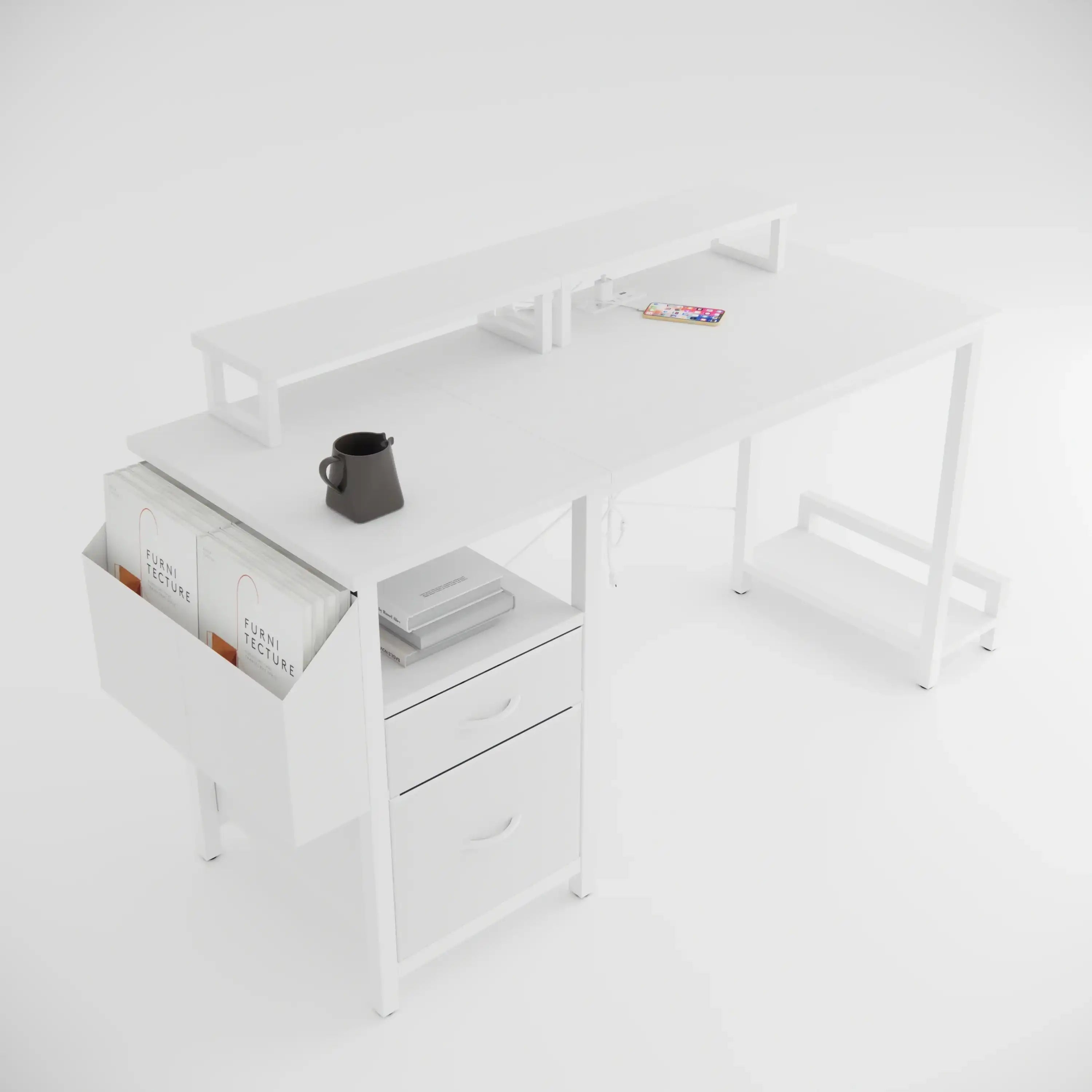 47.3" White Office Desk with Power Outlet and Monitor Stands - Best Buy Furniture