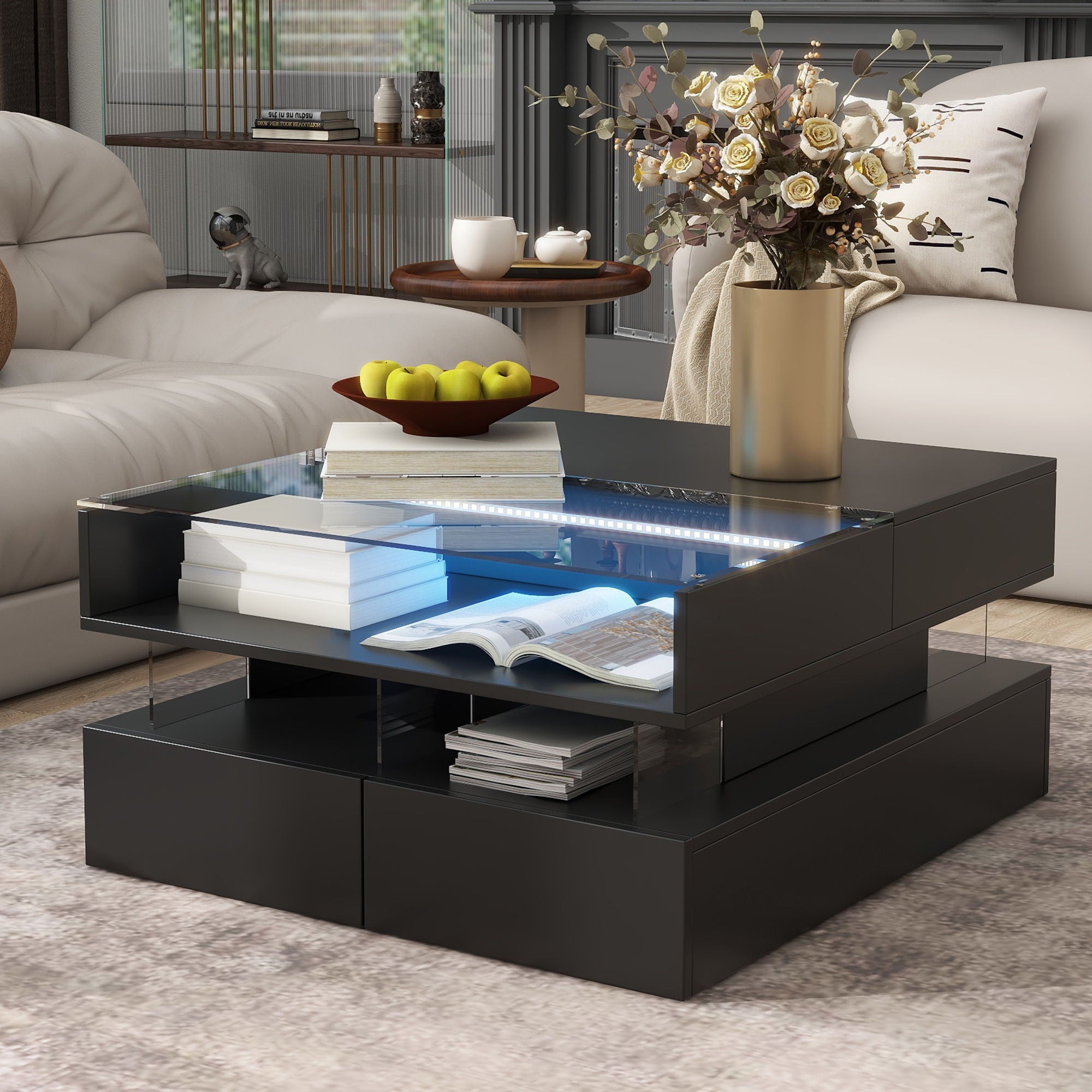 Lift Top Coffee Table With 2 Drawers, Hidden Space And LED Lights For Living Room