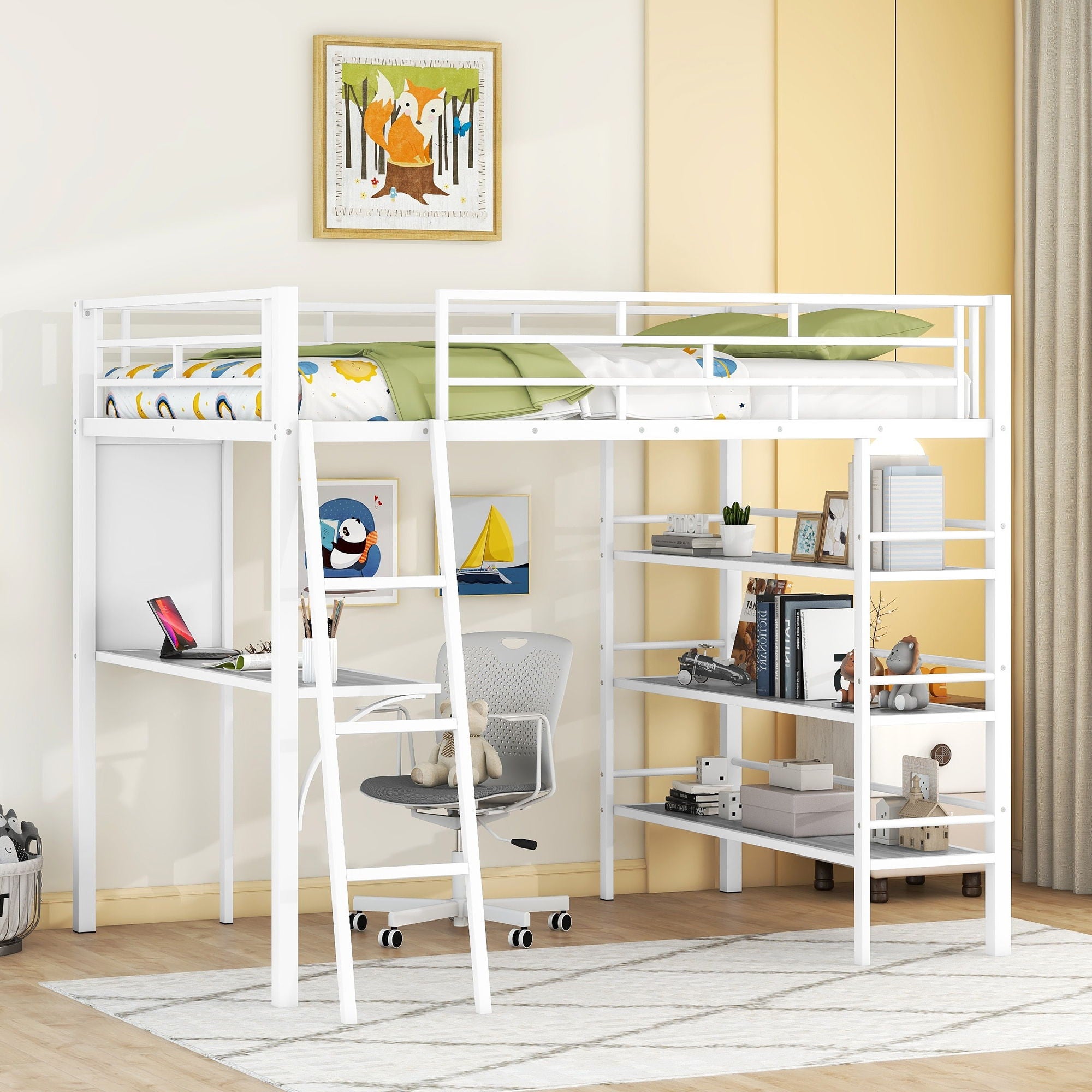 Bed With 3 Layers Of Shelves And Desk, Stylish Frame Bed