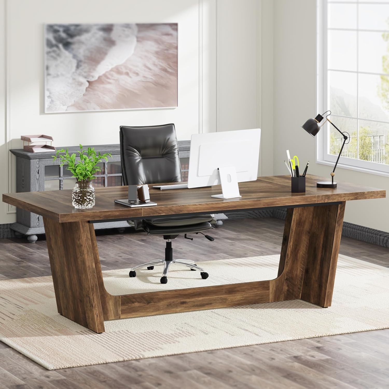 Executive Desk For Home Office, Computer Table With Pedestal, Large Writing Workstation - Brown