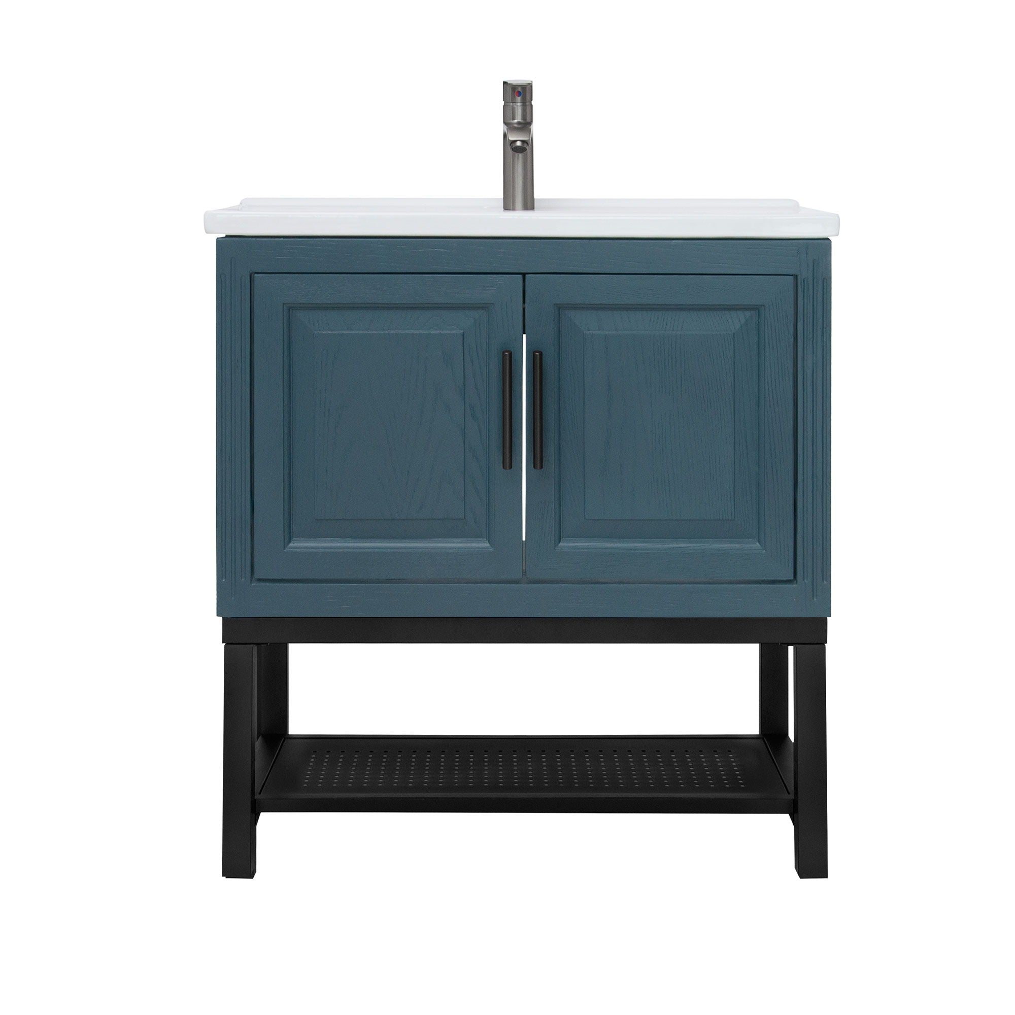 Modern Freestanding Bathroom Vanity With Ceramic Sink, Hot And Cold Faucet, Storage Cabinet & Open Shelf