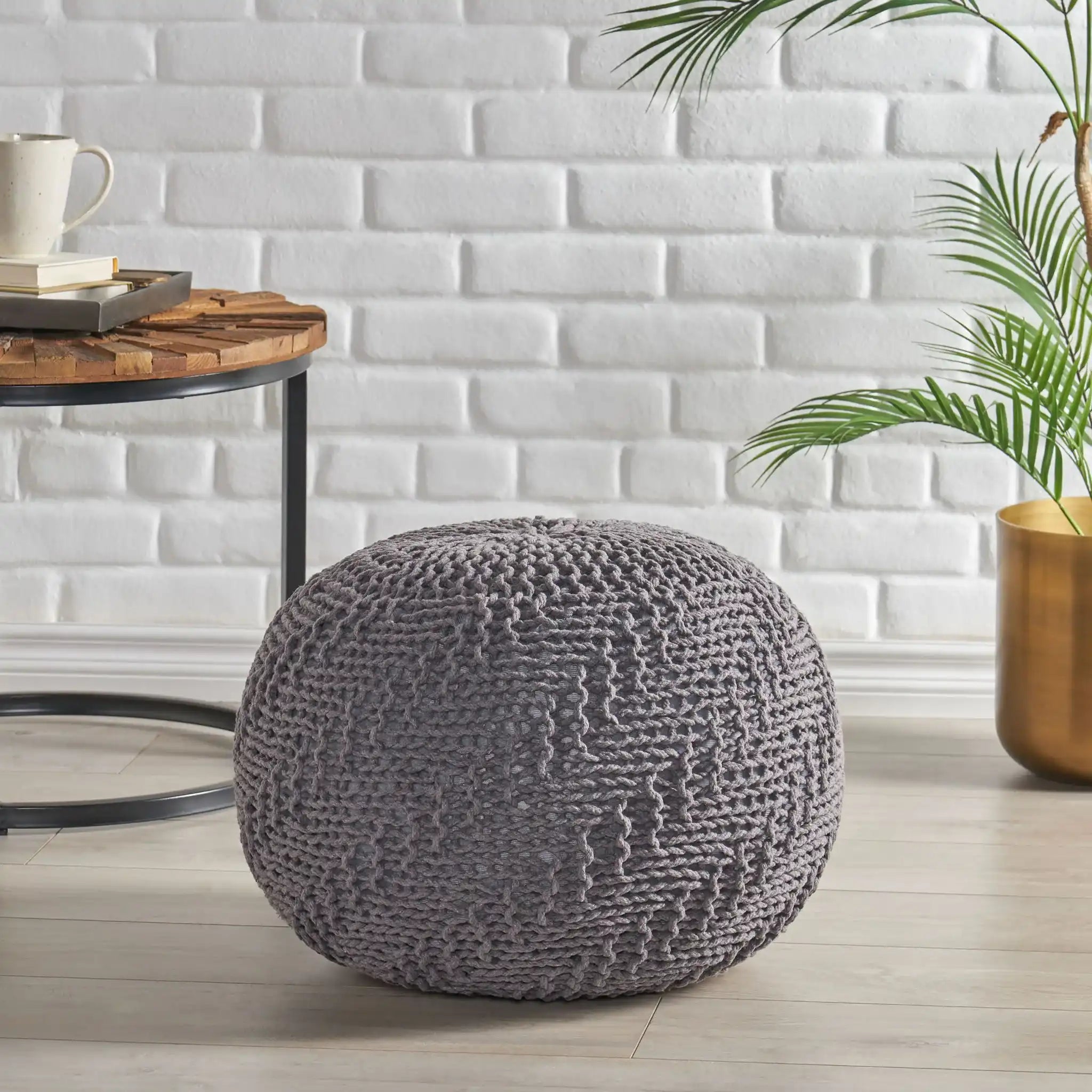 Hazel - Modern Knitted Cotton Yarn Round Pouf With Eco Friendly Pet Fibers - Dark Gray