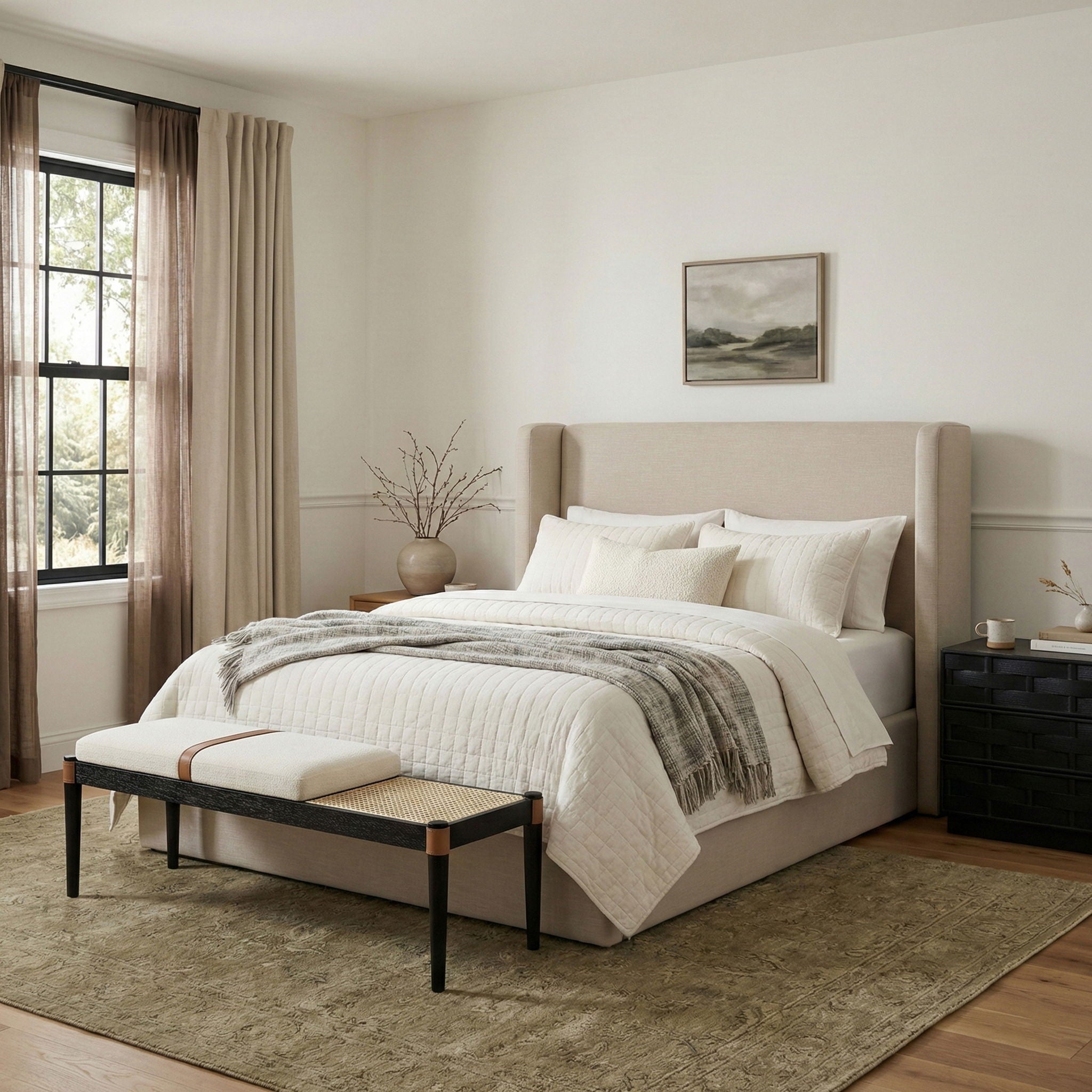 Nara - Linen Textured Fabric Upholstered Bench - Painted Black