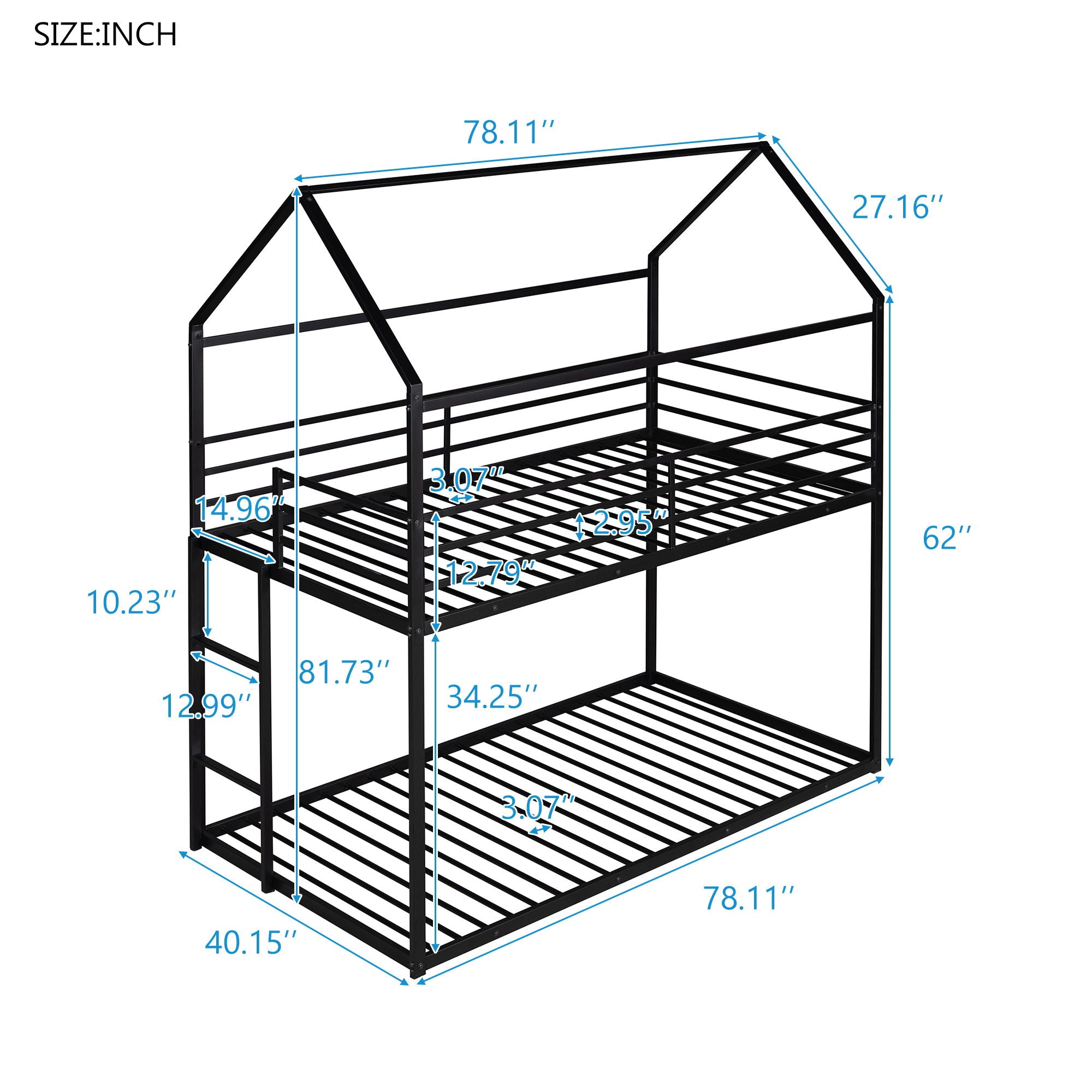 House Bunk Bed Metal Bed Frame Built-In Ladder, No Box Spring Needed