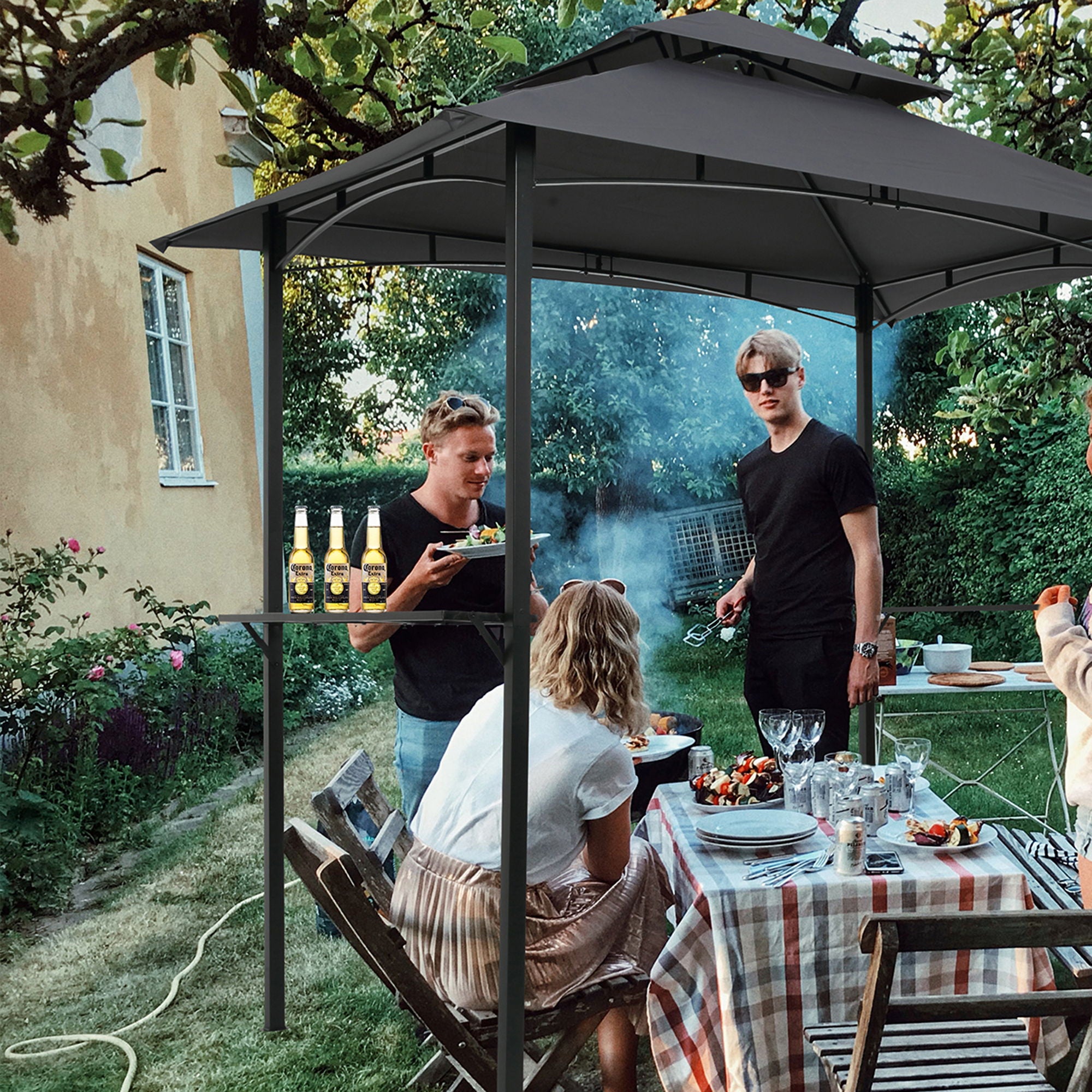 Outdoor Grill Gazebo With Double Tier Soft Top Canopy, Steel Frame, Bar Counters & Hook