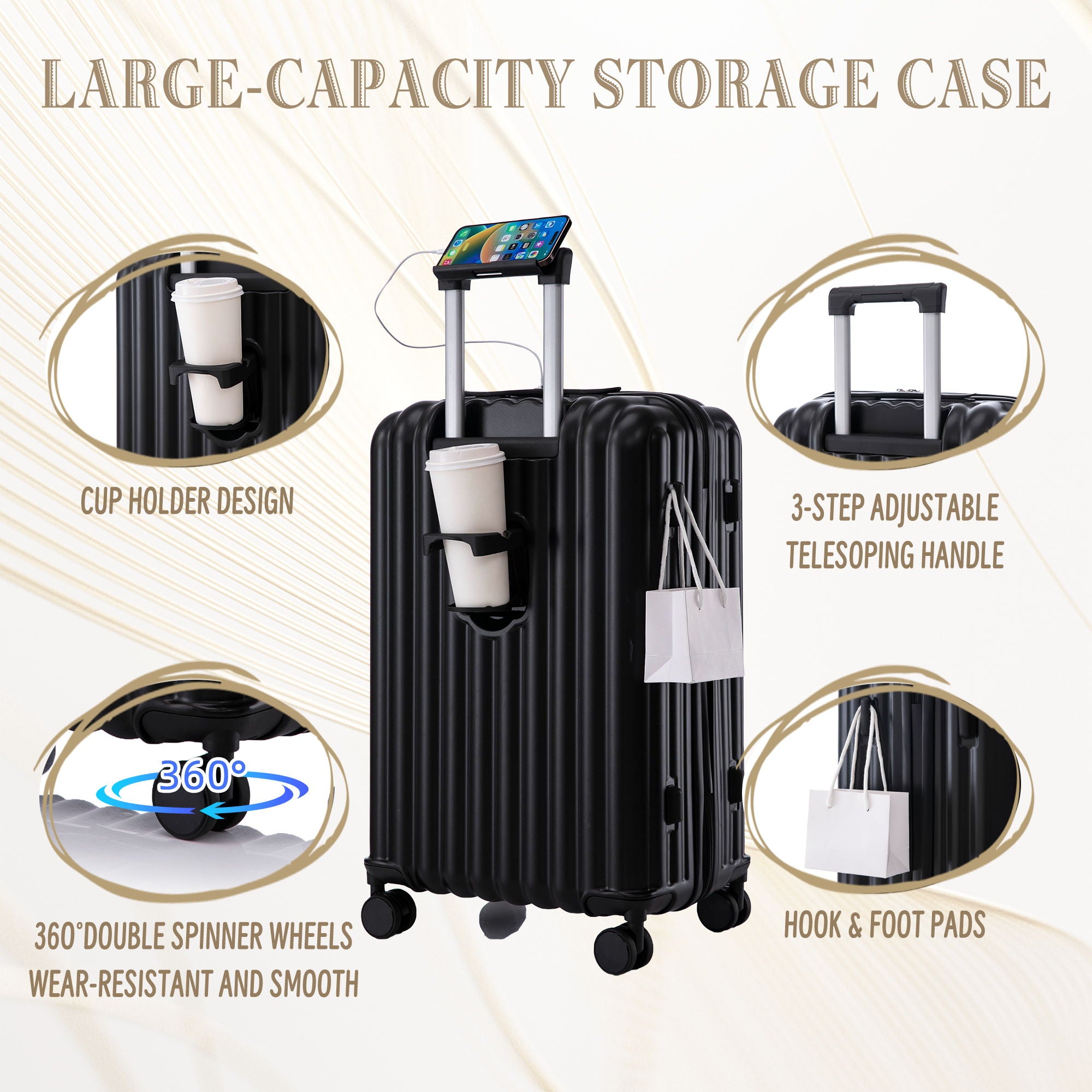 20" / 24" / 28" 3 Pieces / Set Spinner Wheel Luggage, Carry On Suitcase, With Cup Holder & USB Port & Phone Holder