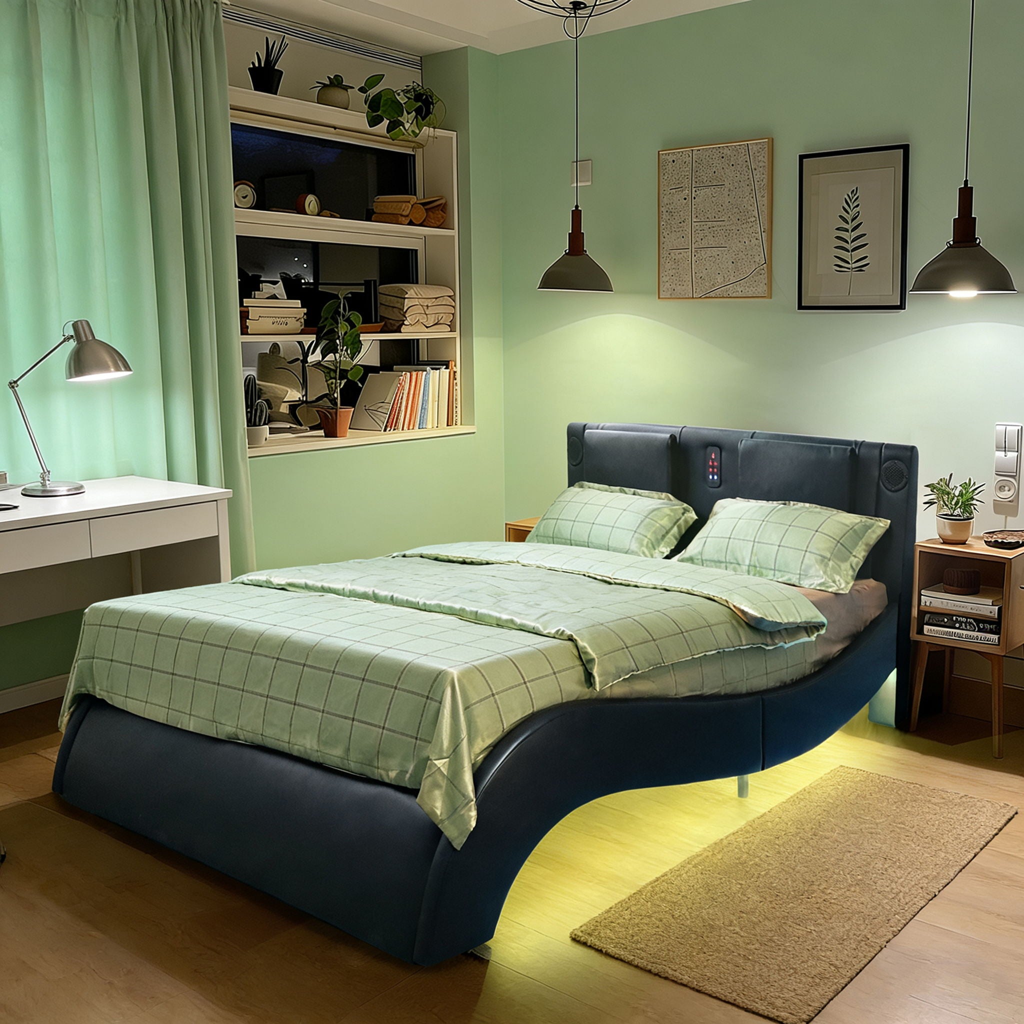 Platform Bed Frame With LED Lighting, Bluetooth Music, Vibration Massage