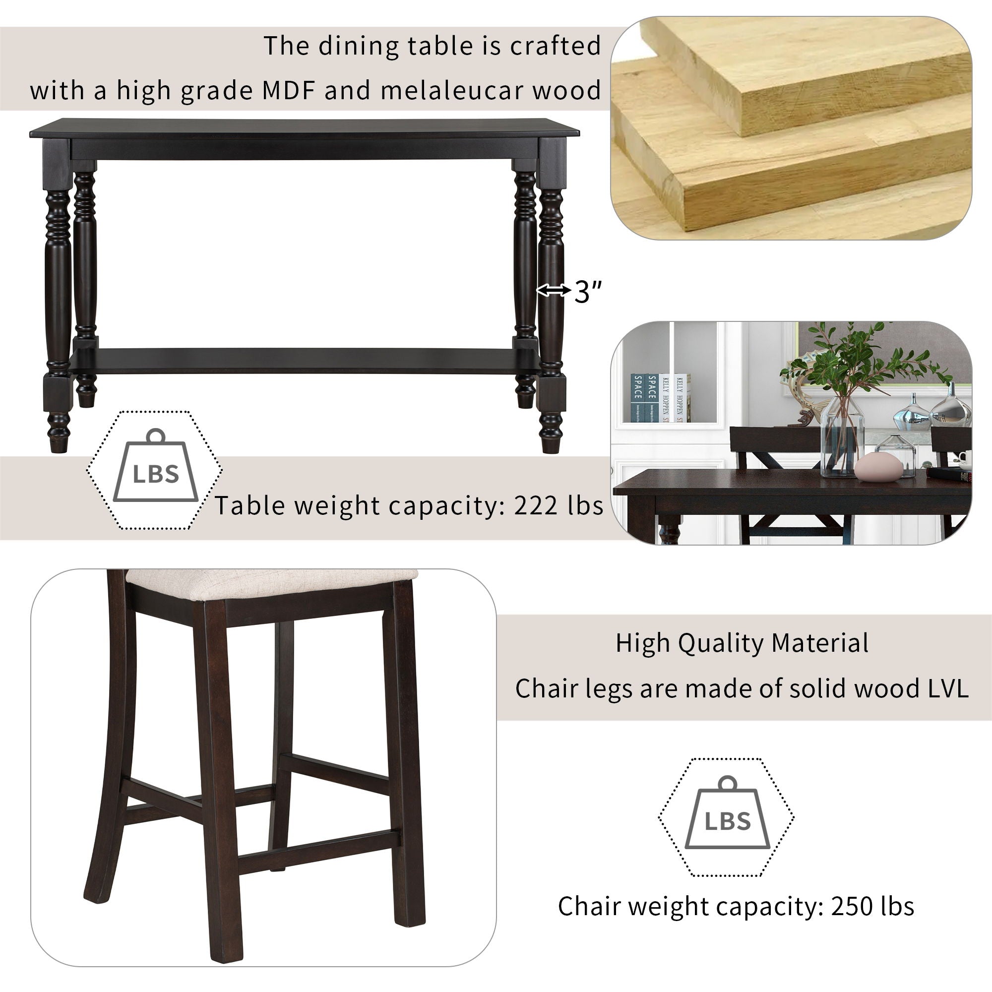 6 Piece Counter Height Dining Table Set With Shelf, 4 Chairs And Bench