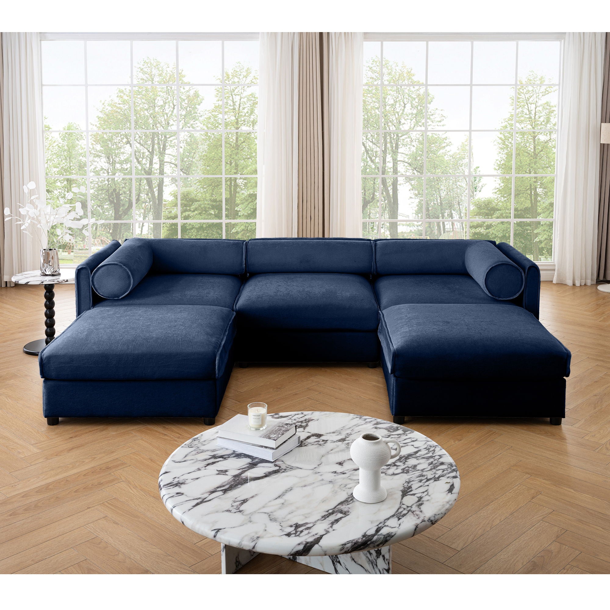 Contemporary Elegant White Chenille Sofa With Storage And Ottoman