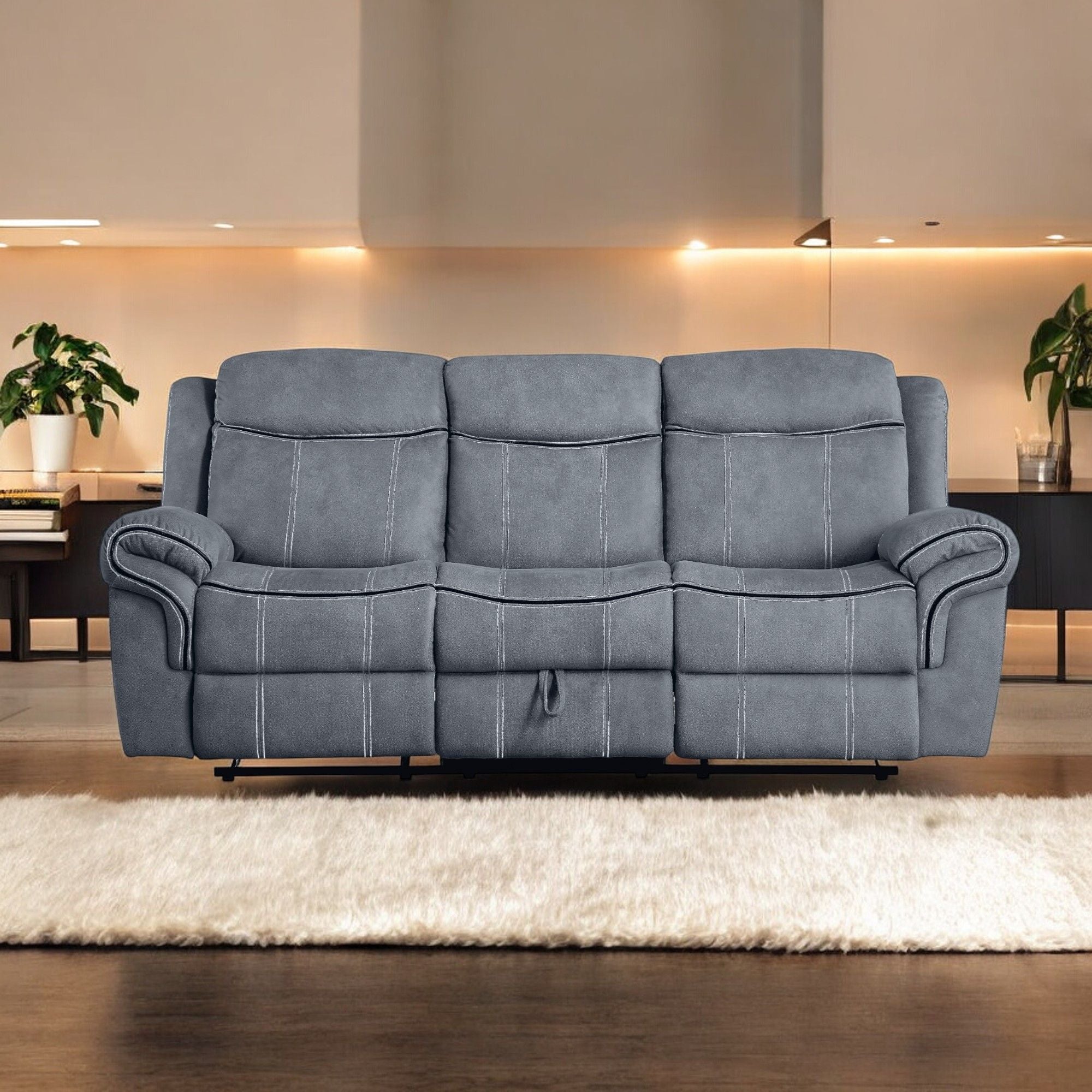 Zubaida - Two Tone Velvet Recliner Sofa With USB Port Drop Down Table