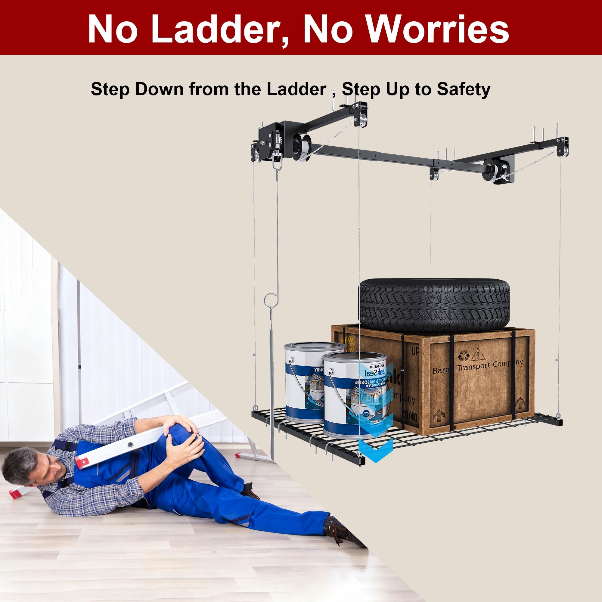Overhead Garage Storage Rack 4 X 4 Ft For High Ceilings, With Safety Lock - Black