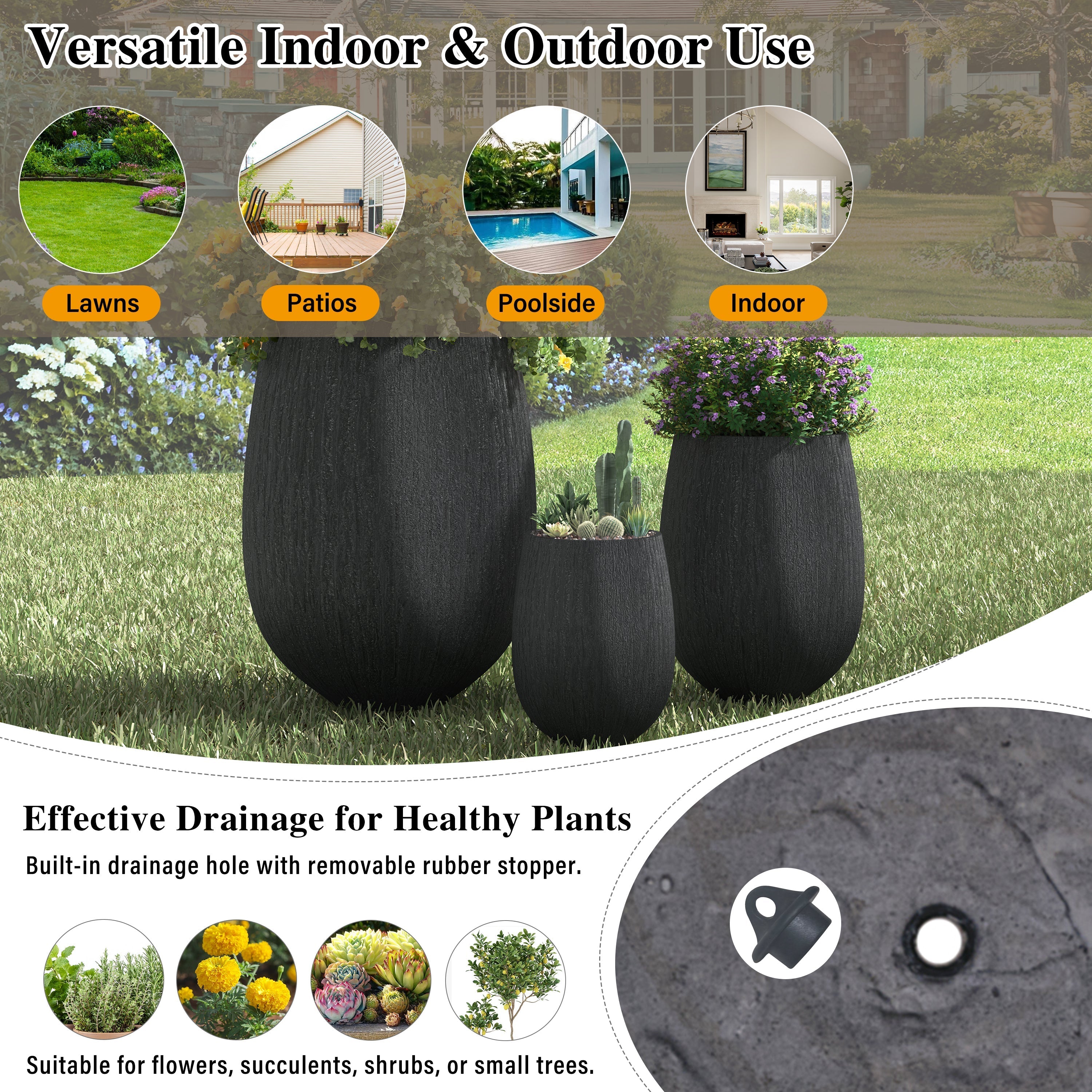 U_Style Egg-Shaped Lightweight MGO Outdoor Planter Set of 3