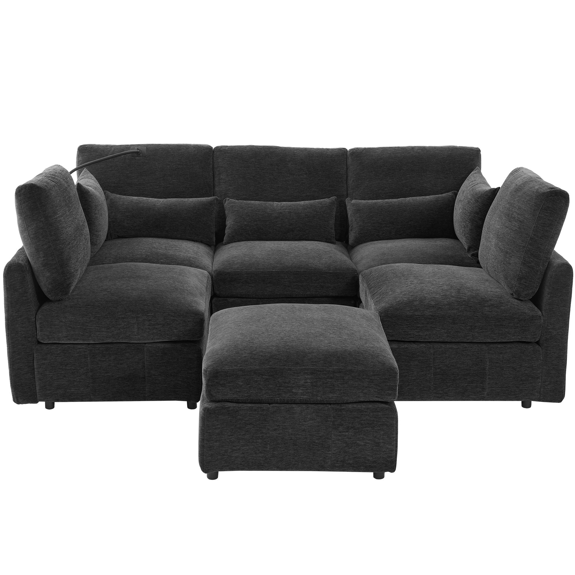 Modern Modular U-Shaped Sofa Bed With Movable Ottoman, USB Ports, Phone Holder
